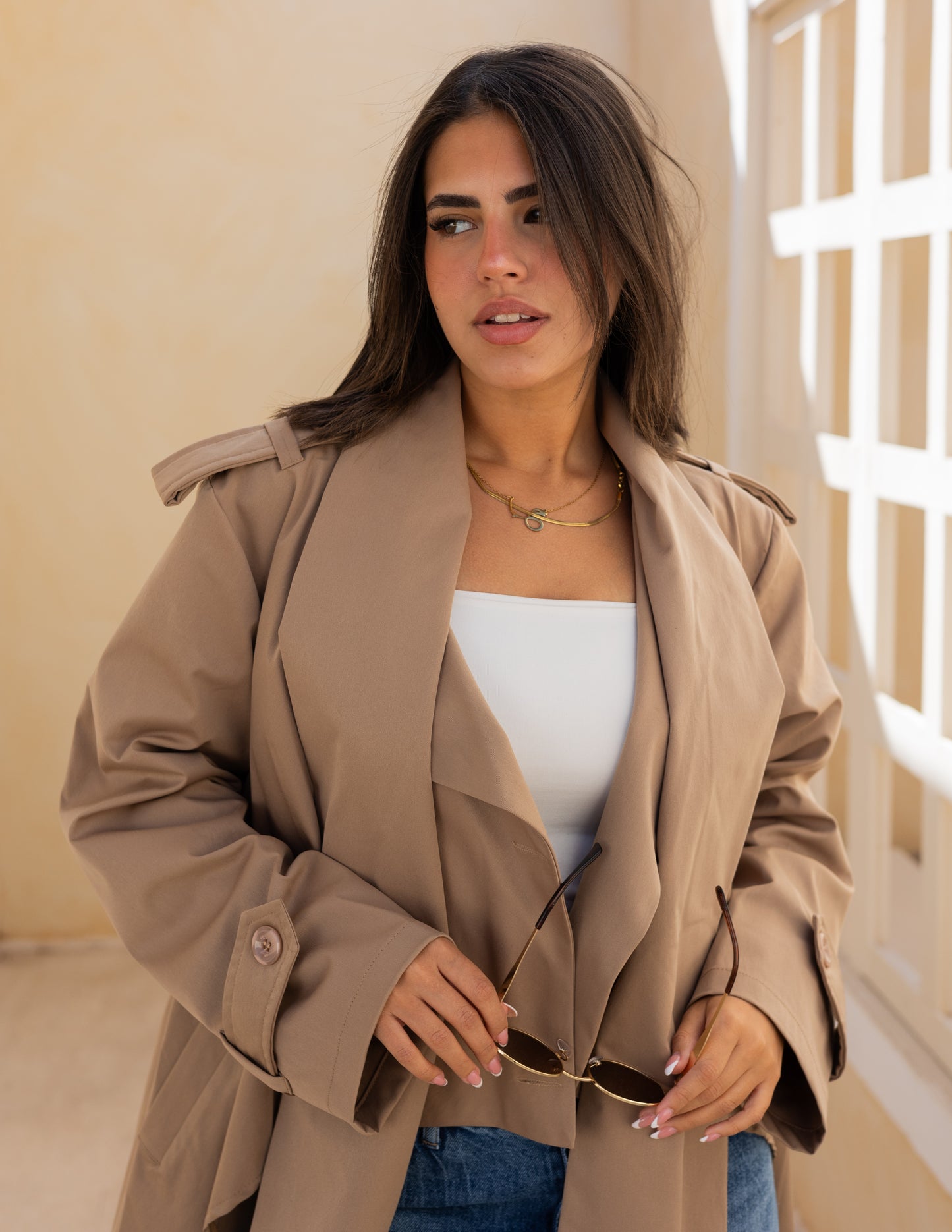 Asymmetric trench coat in Cafe Latte