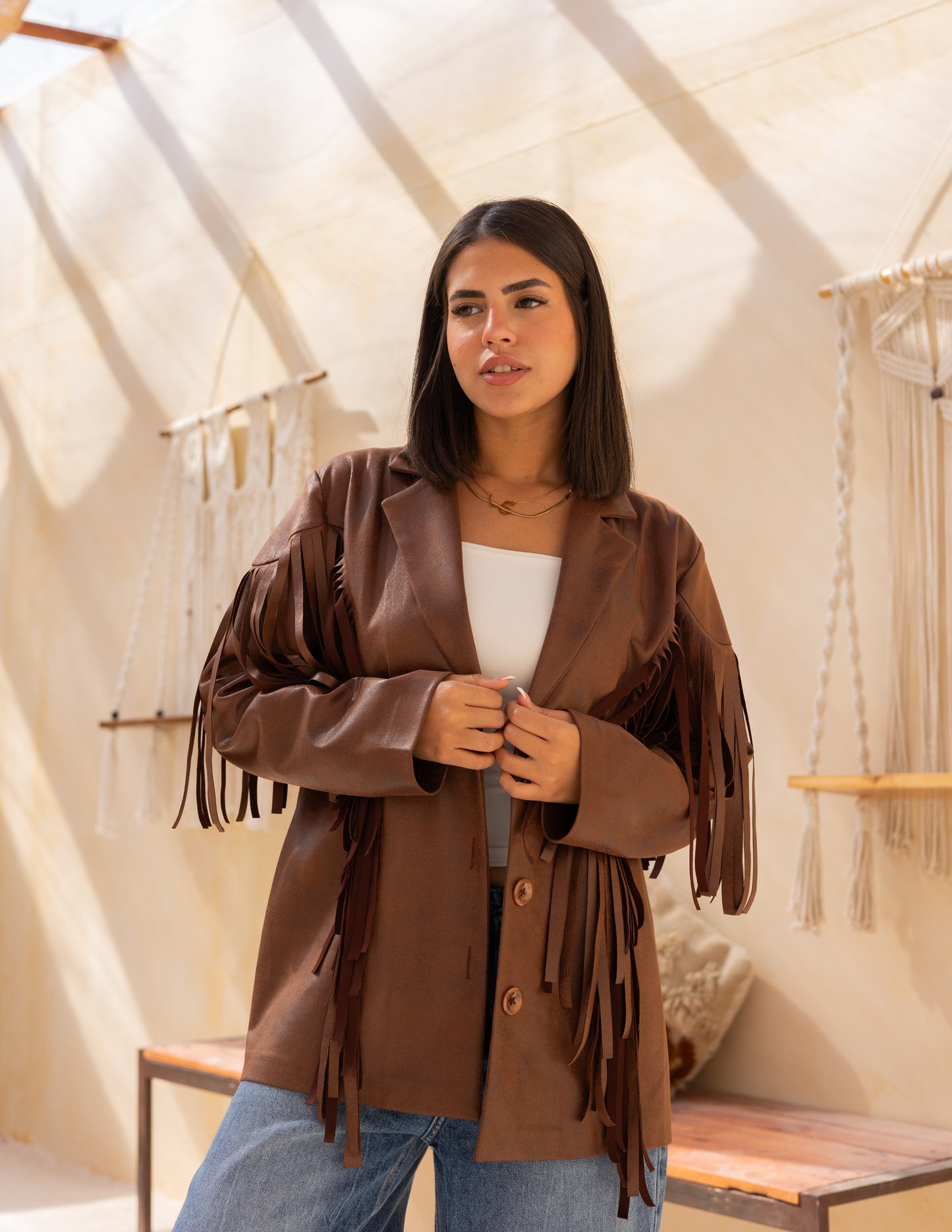 Fringes stung suede in milky chocolate