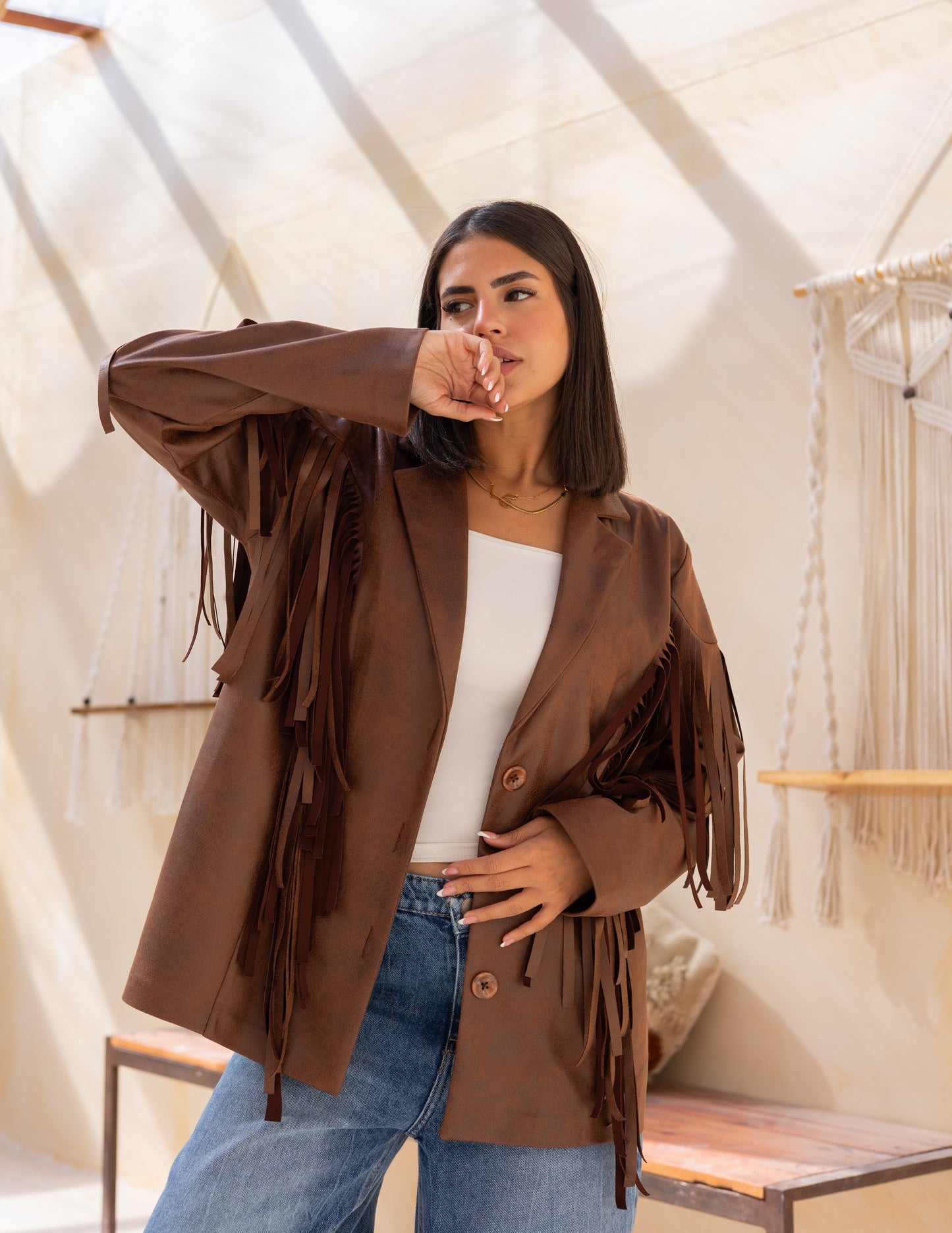 Fringes stung suede in milky chocolate