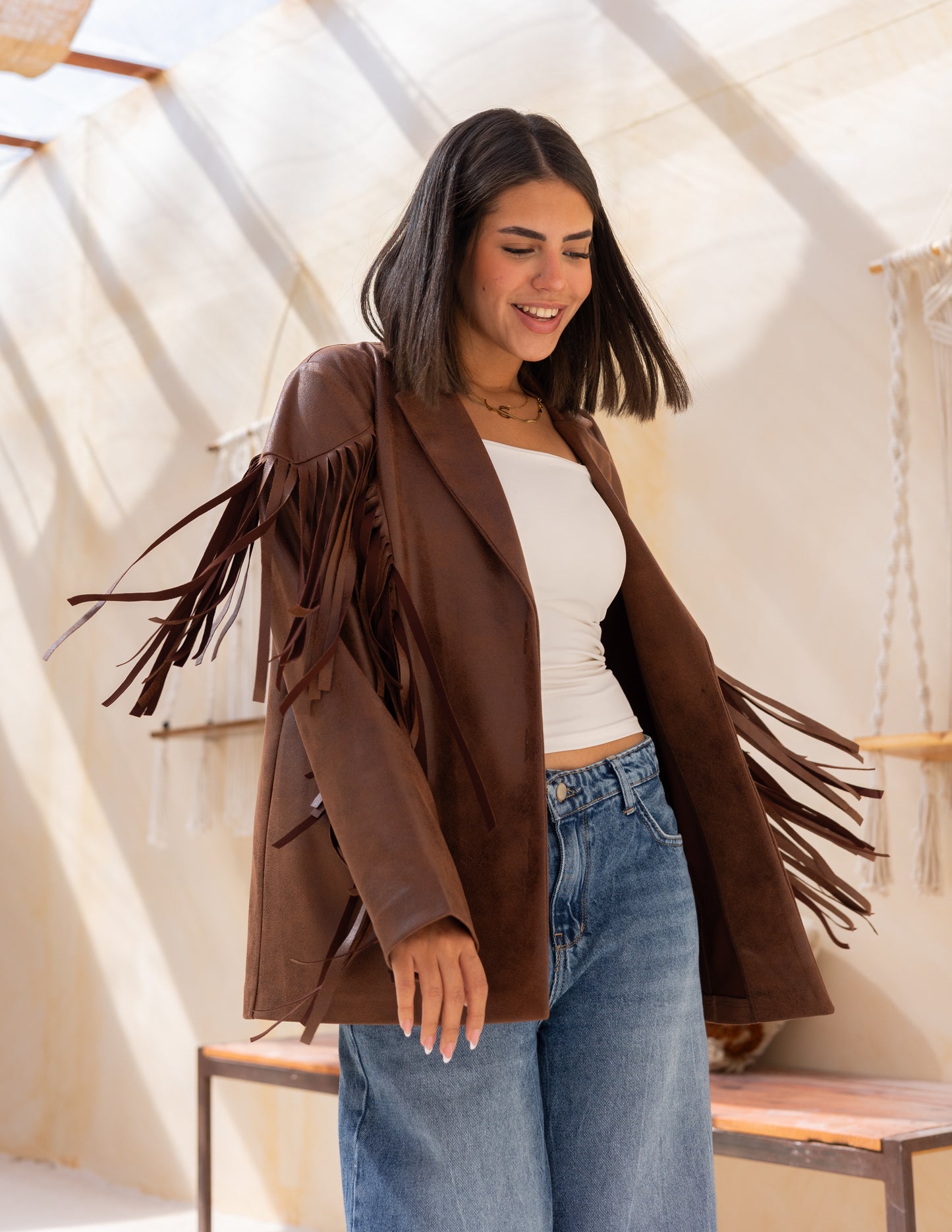 Fringes stung suede in milky chocolate