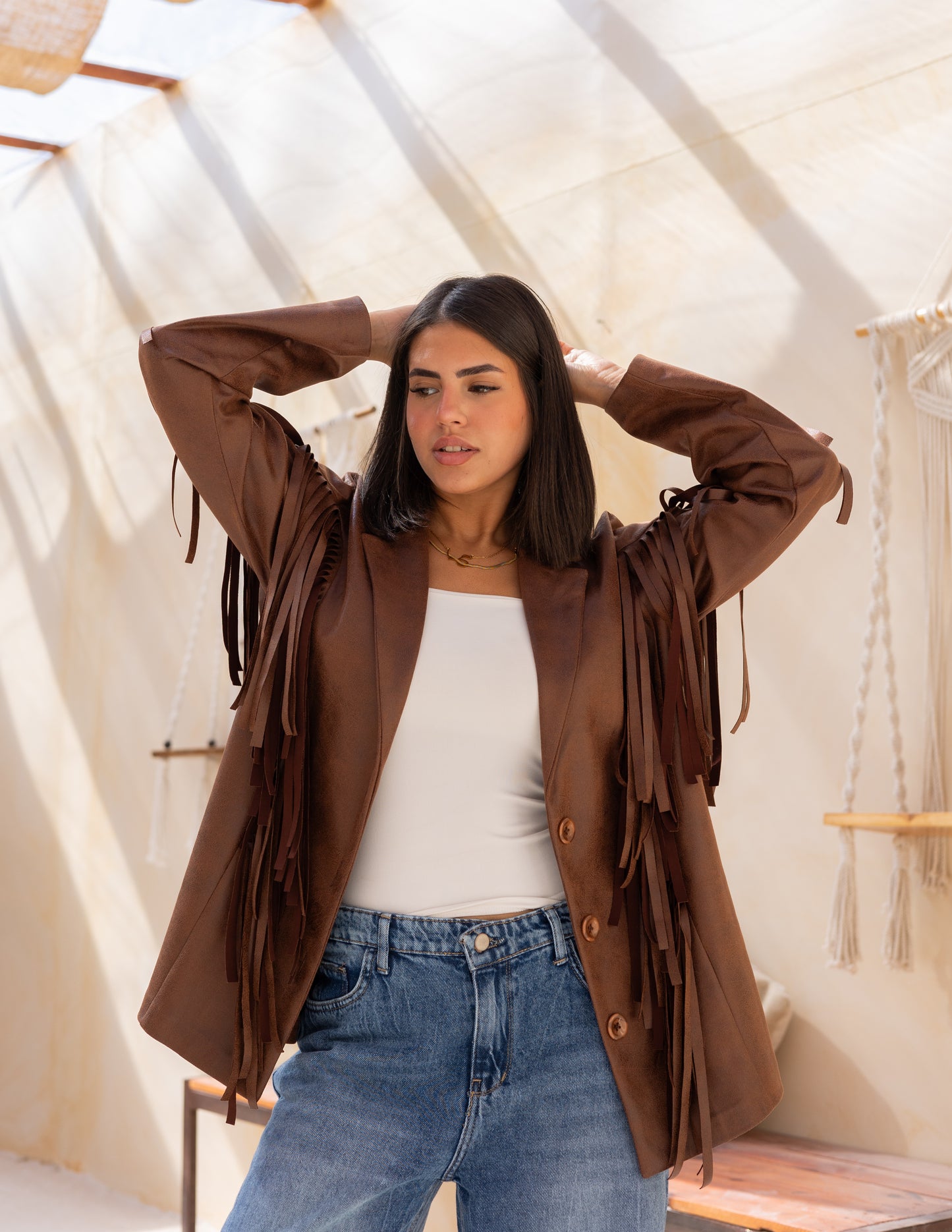 Fringes stung suede in milky chocolate