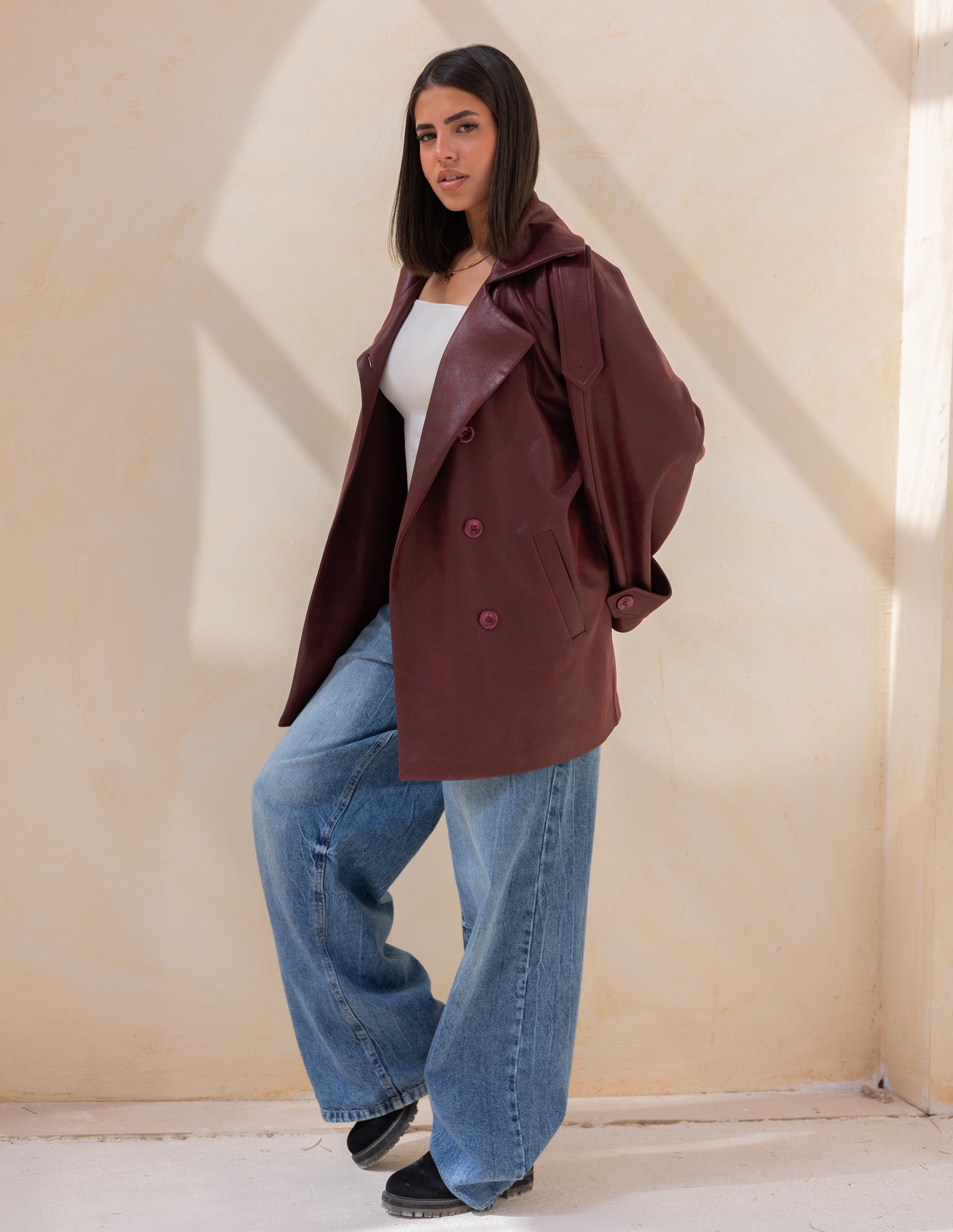 Bold neck stung suede jacket in burgundy