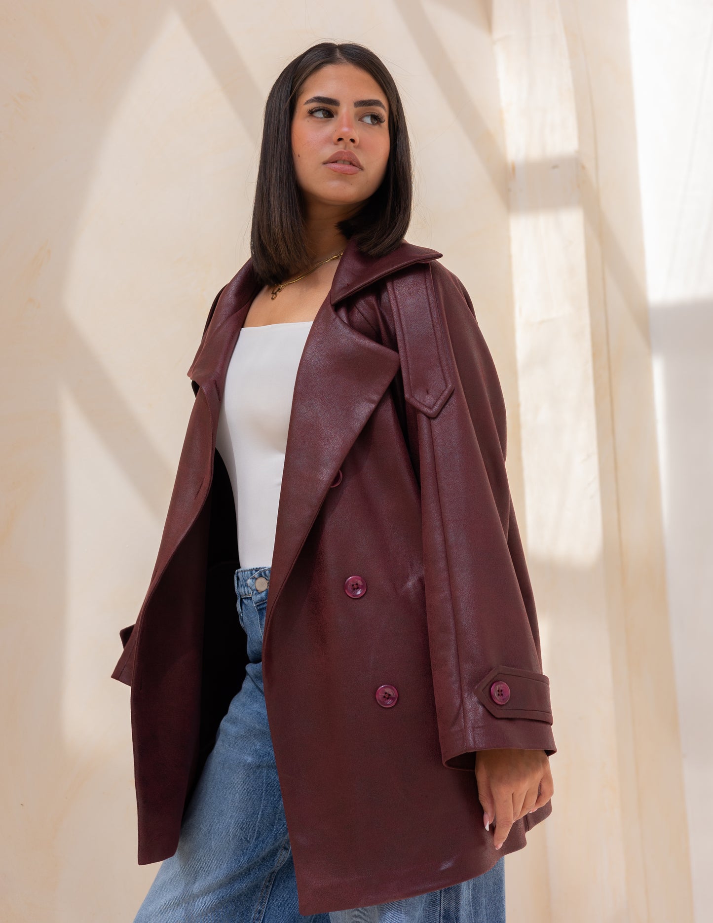 Bold neck stung suede jacket in burgundy