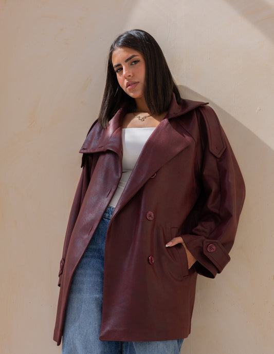 Bold neck stung suede jacket in burgundy