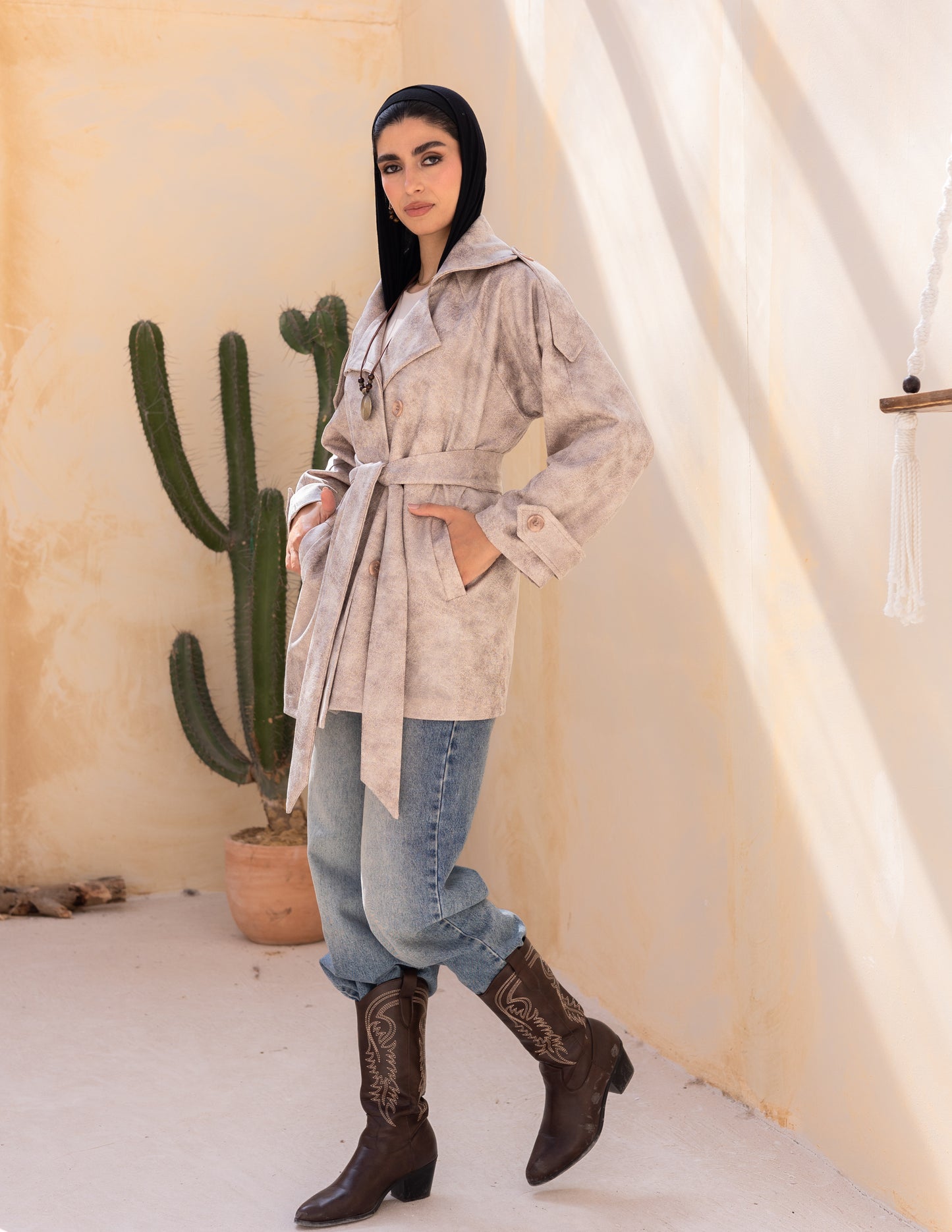 Bold neck stung suede jacket in beige