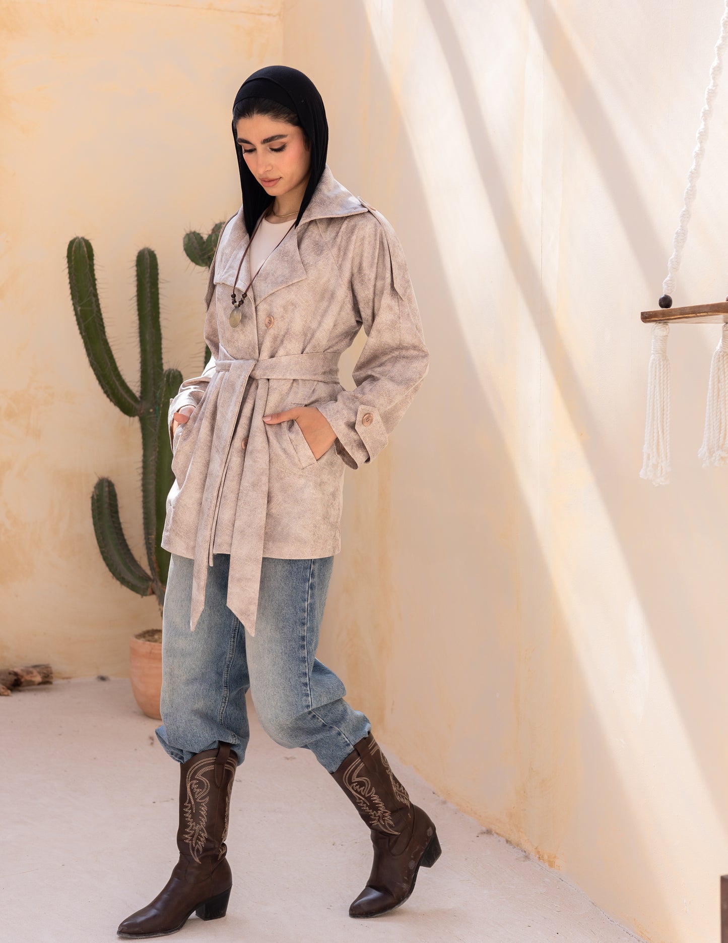 Bold neck stung suede jacket in beige