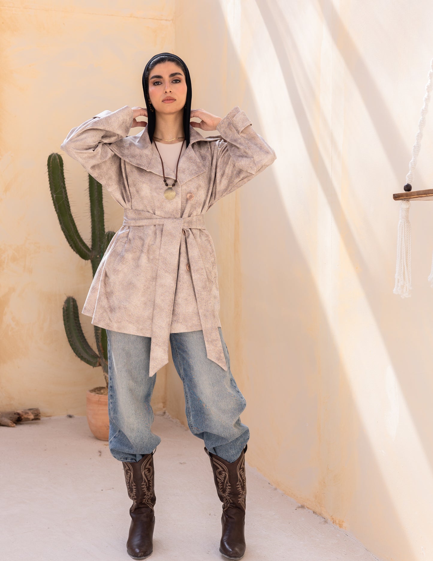 Bold neck stung suede jacket in beige