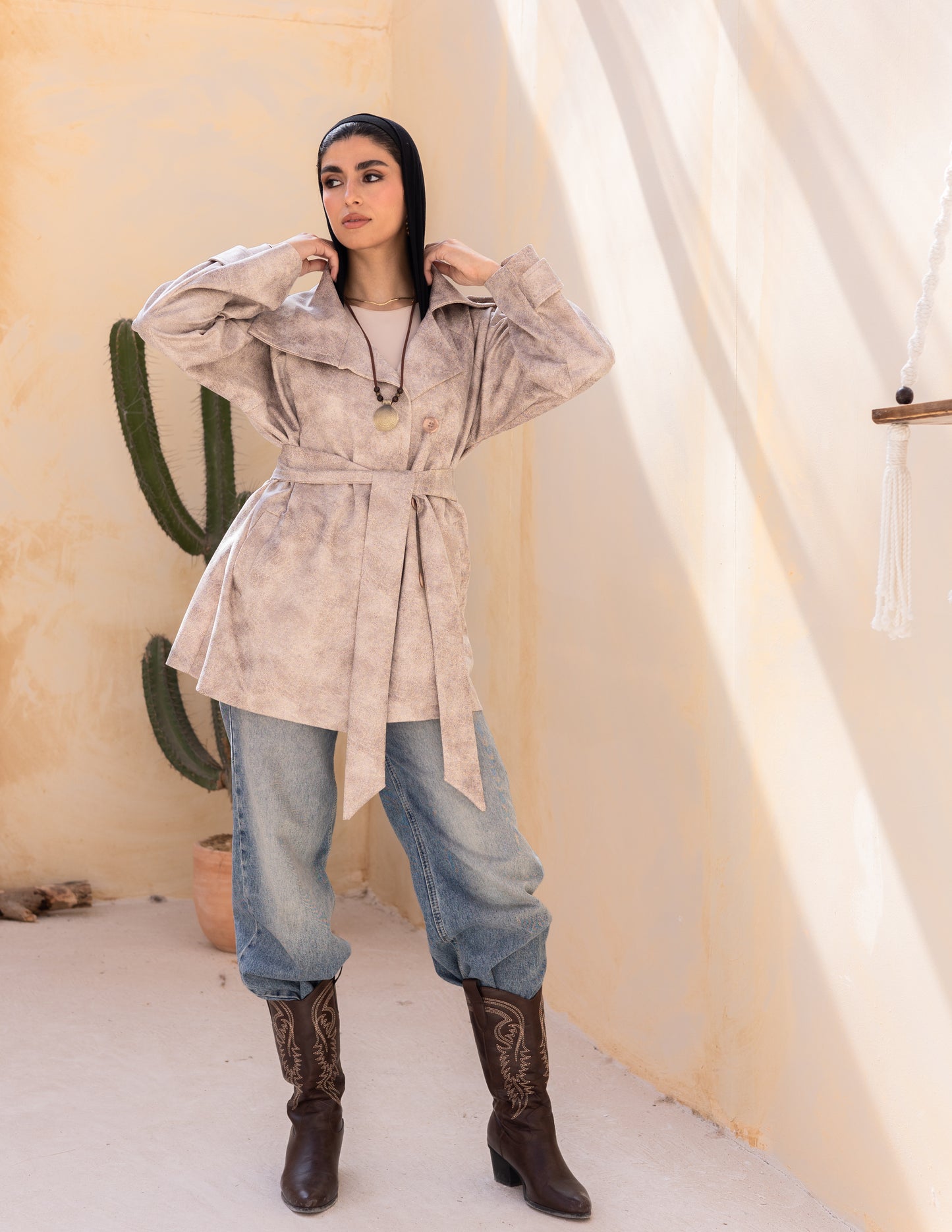 Bold neck stung suede jacket in beige