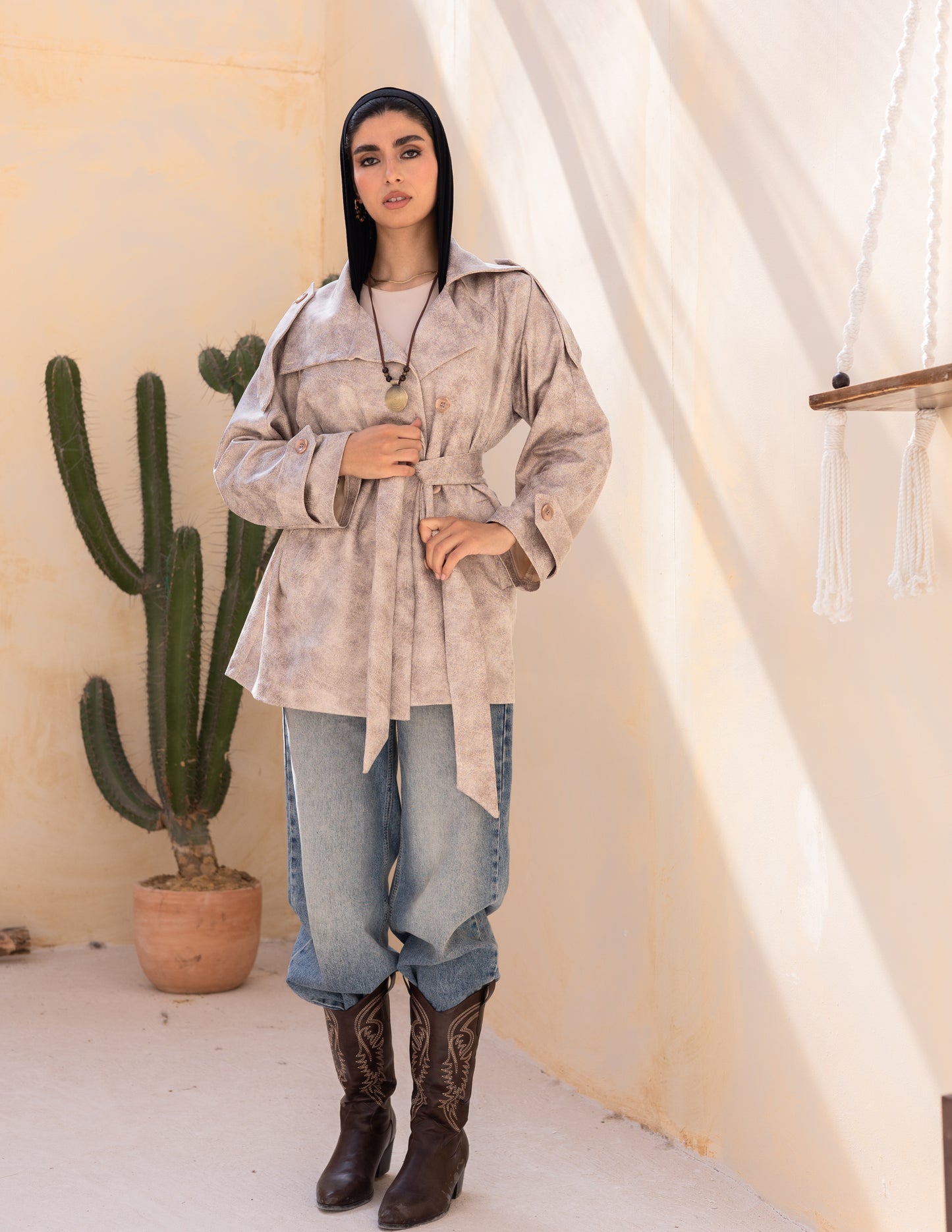 Bold neck stung suede jacket in beige