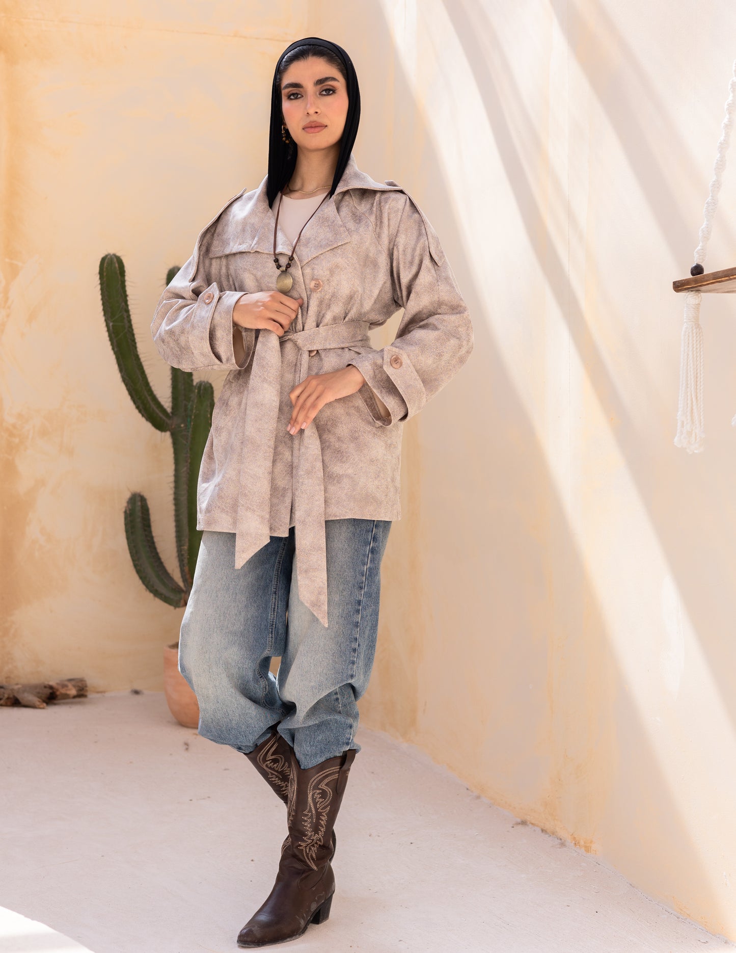 Bold neck stung suede jacket in beige