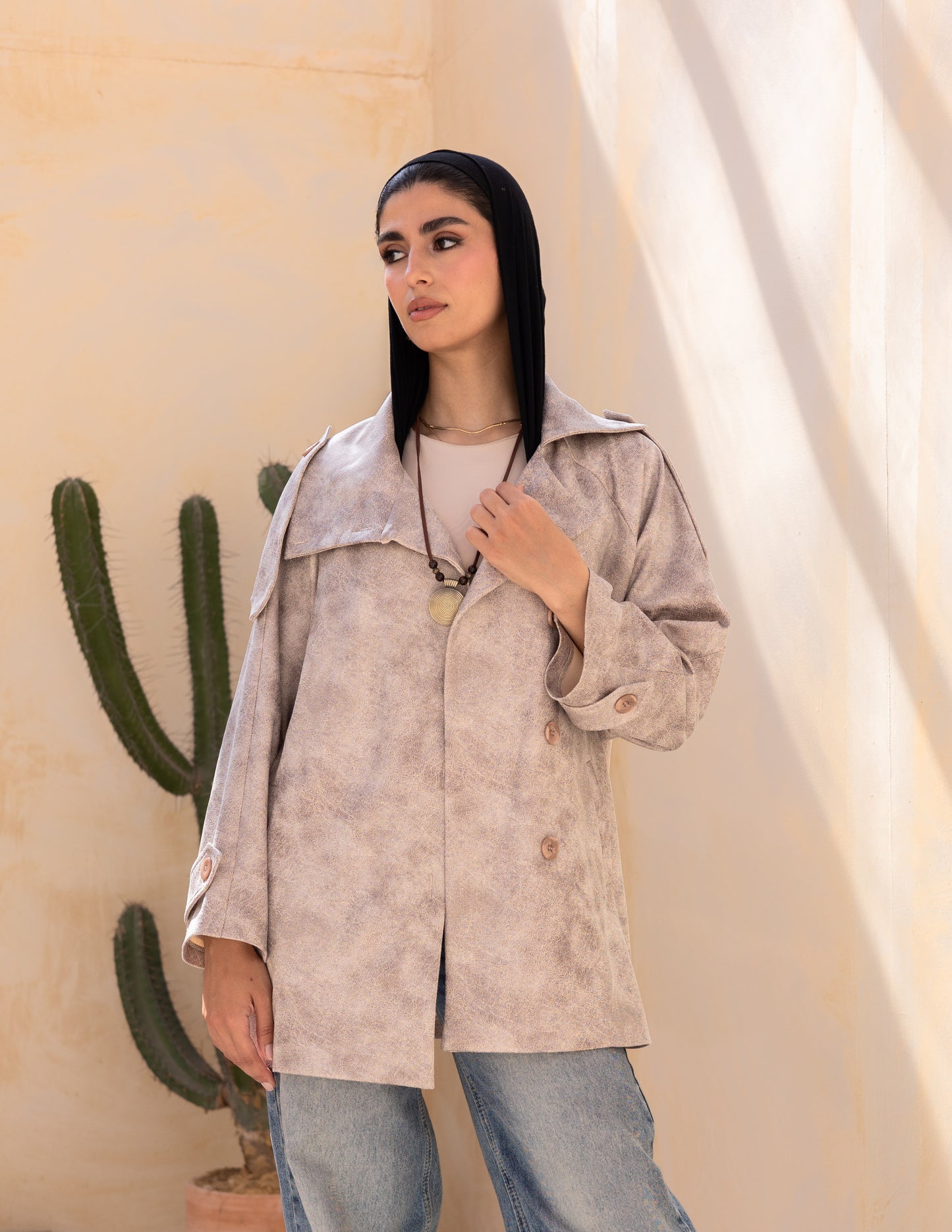 Bold neck stung suede jacket in beige