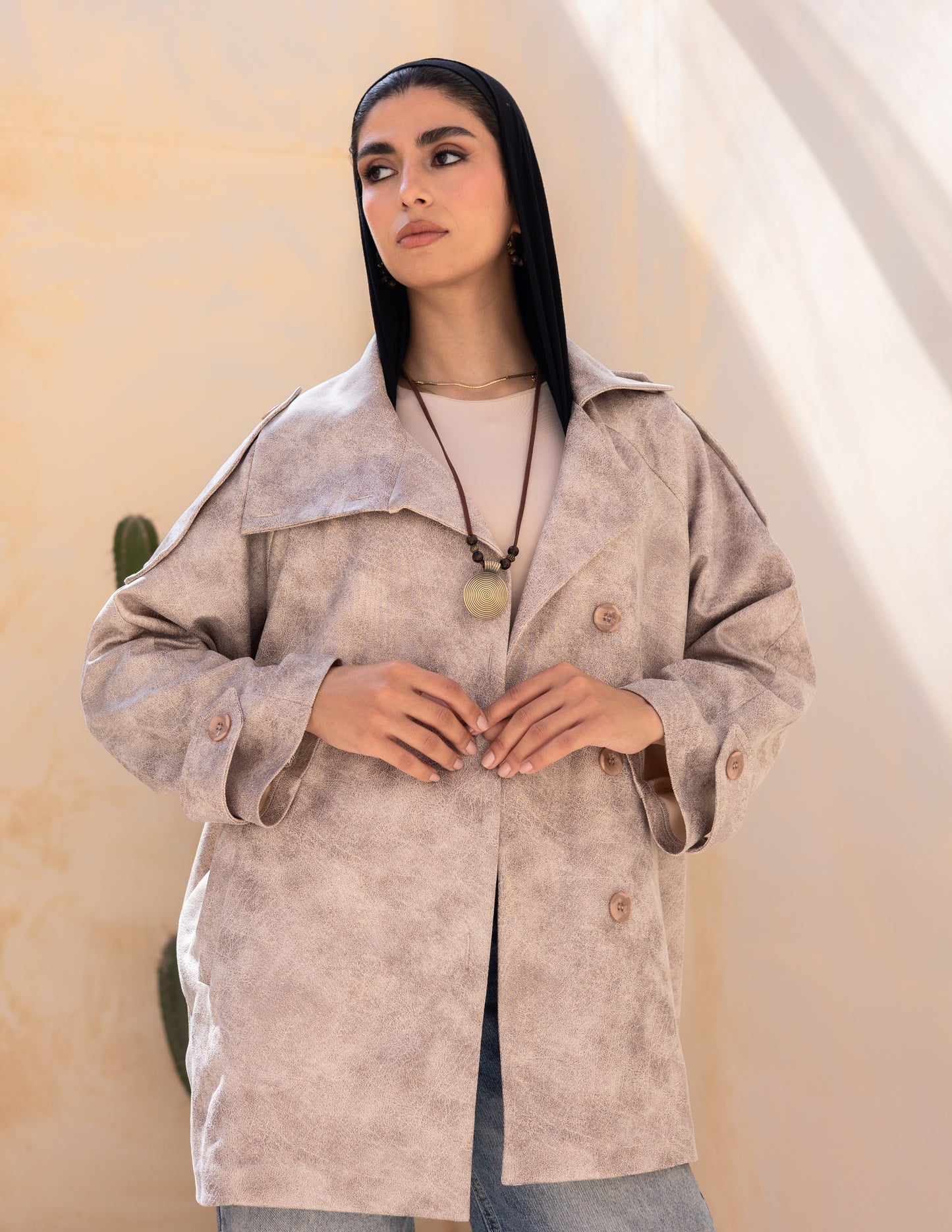 Bold neck stung suede jacket in beige