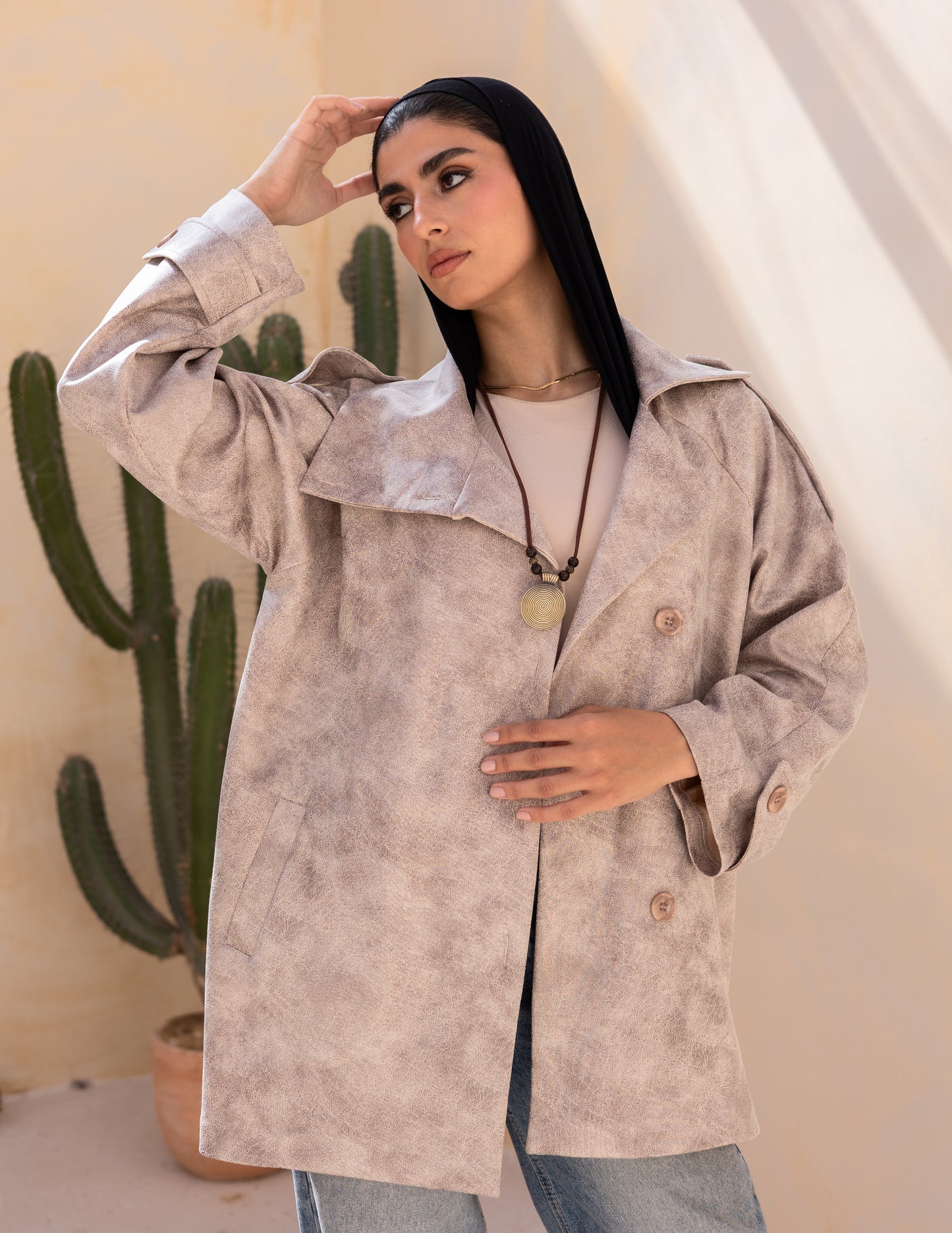 Bold neck stung suede jacket in beige