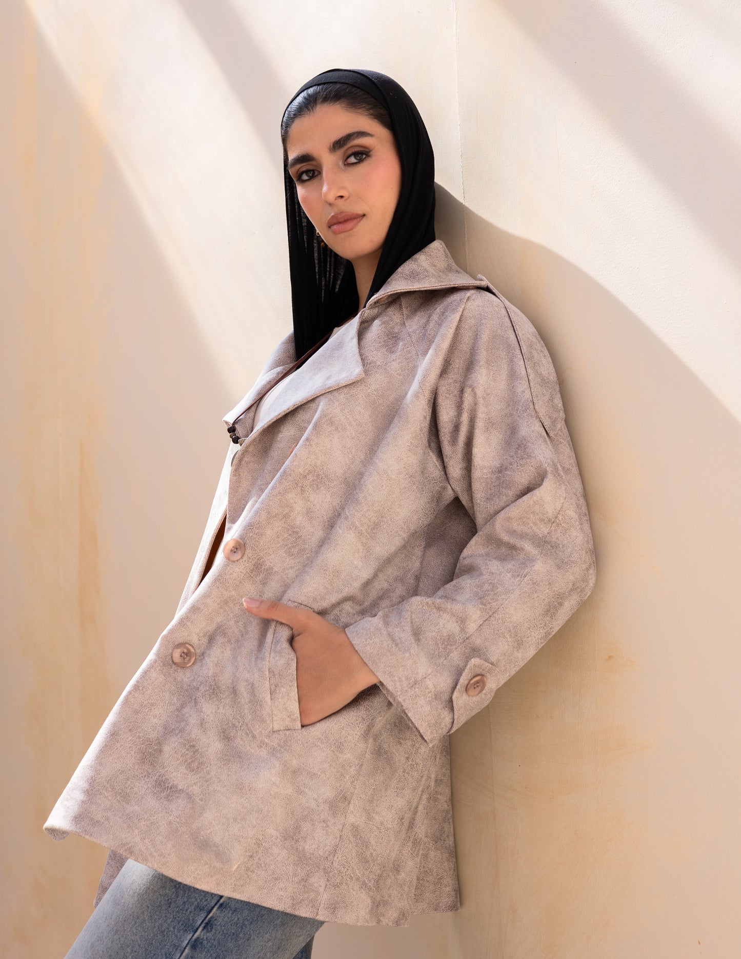 Bold neck stung suede jacket in beige