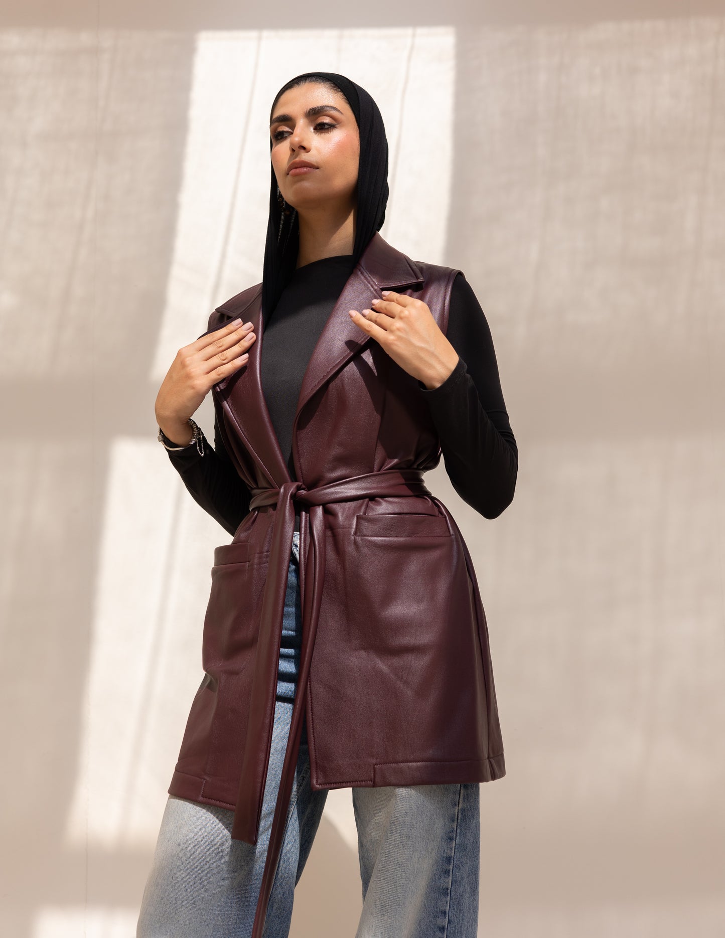 burgundy leather vest