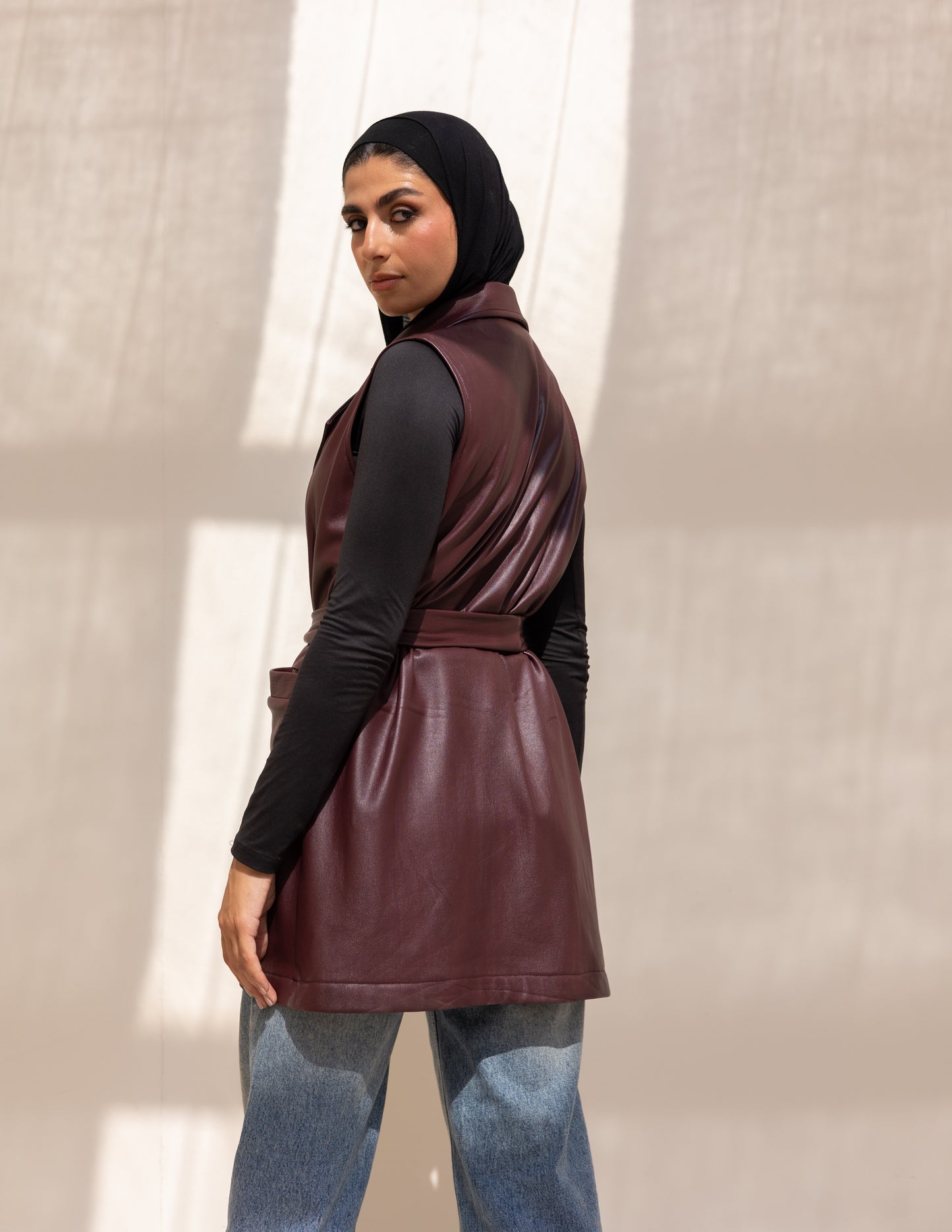 burgundy leather vest