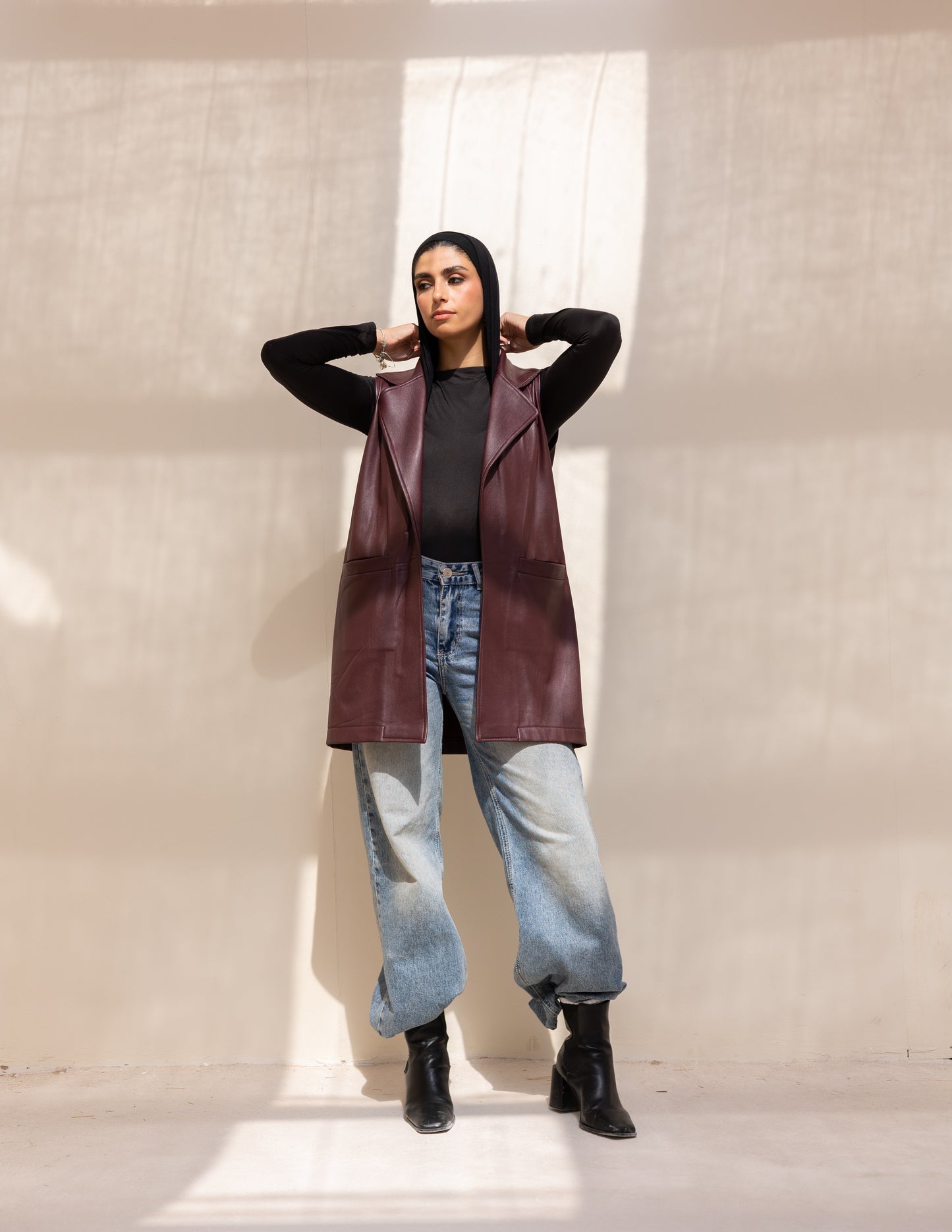 burgundy leather vest