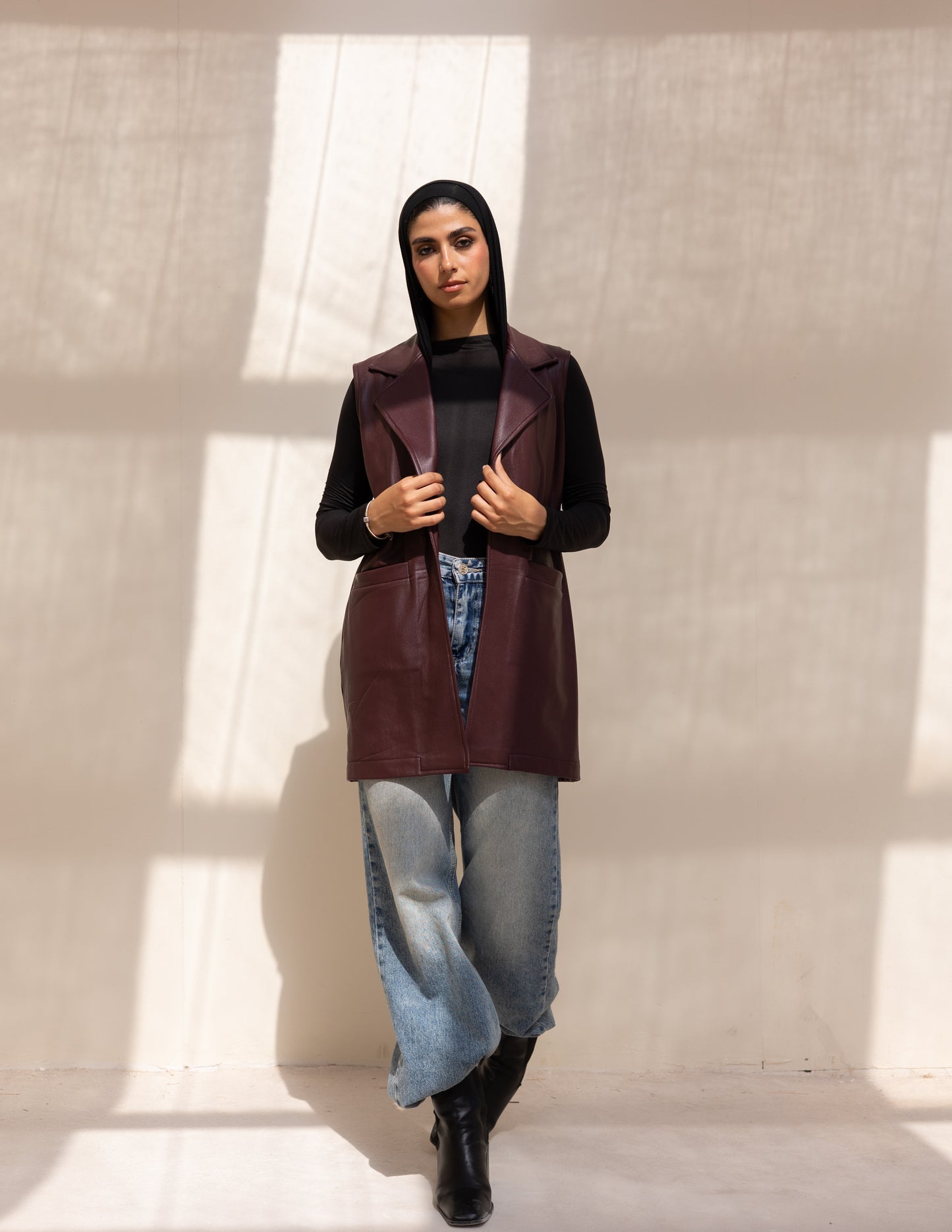 burgundy leather vest