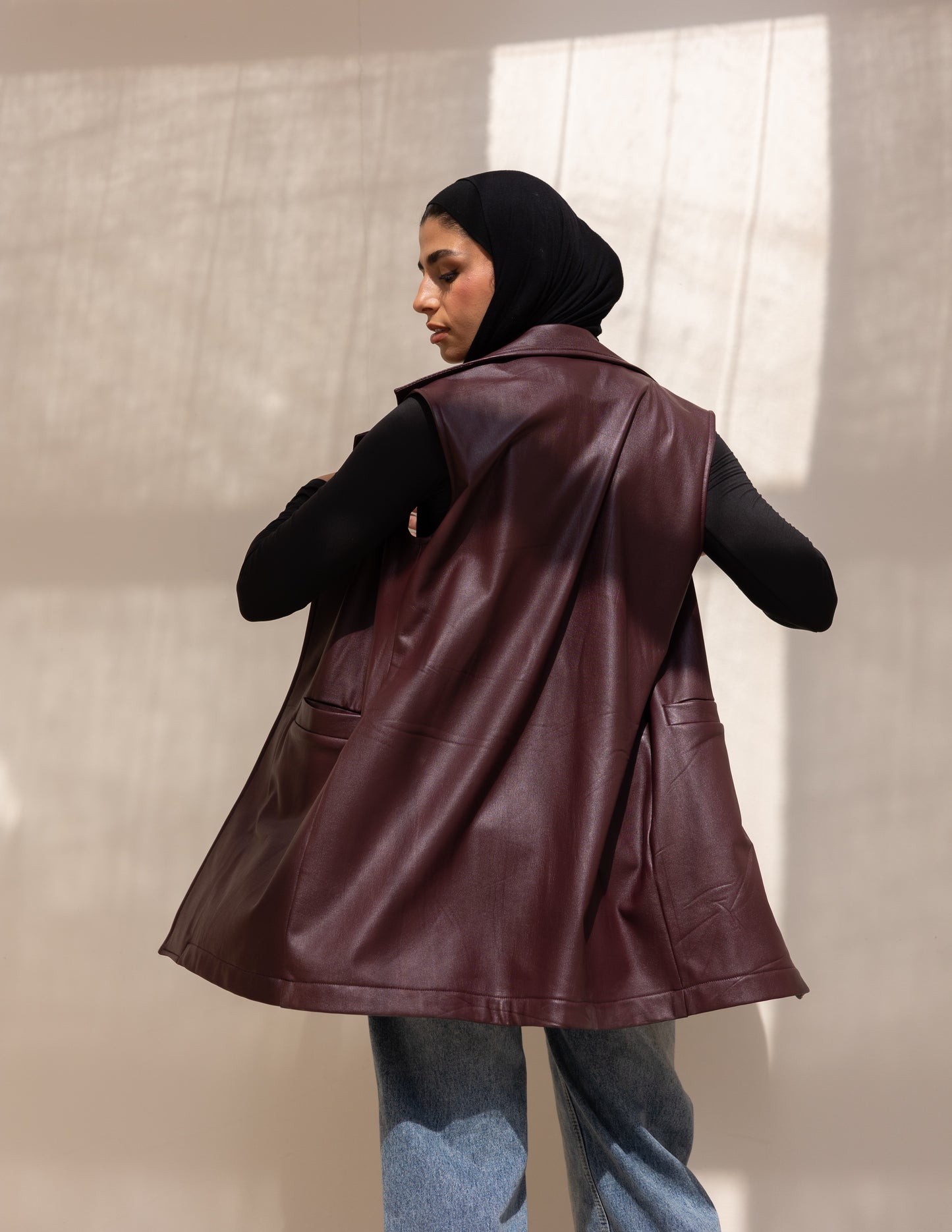 burgundy leather vest