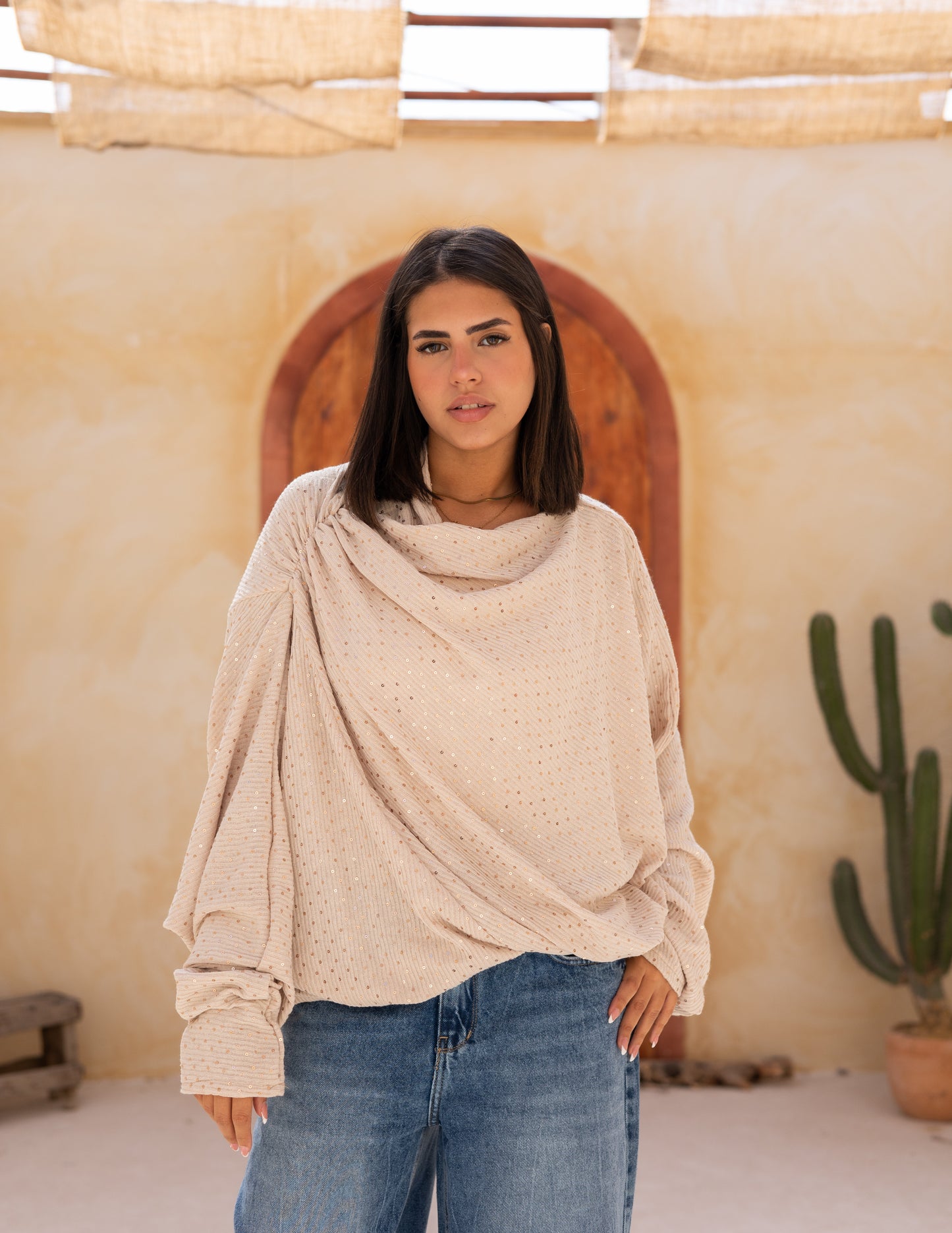 Knitted top with Sequins in cream