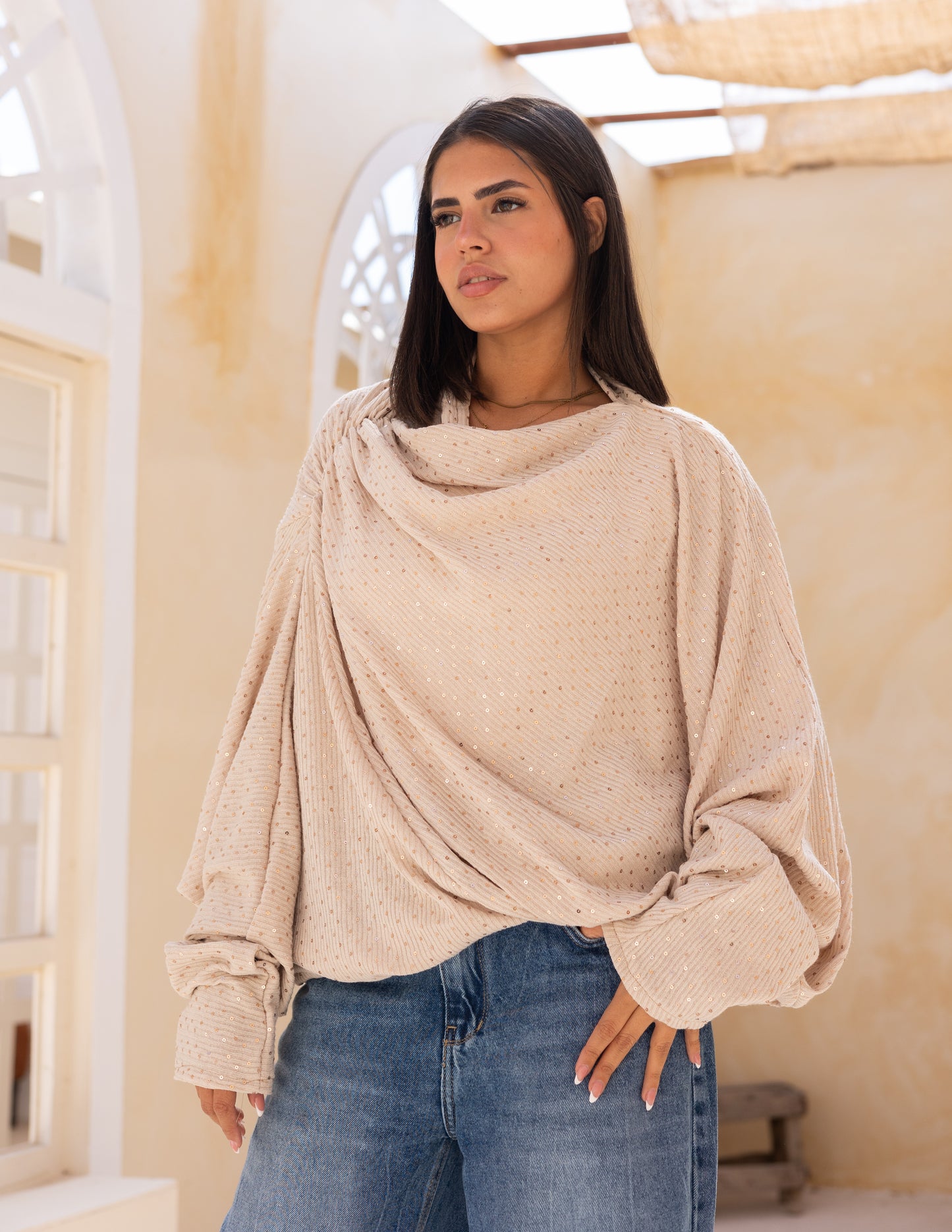 Knitted top with Sequins in cream