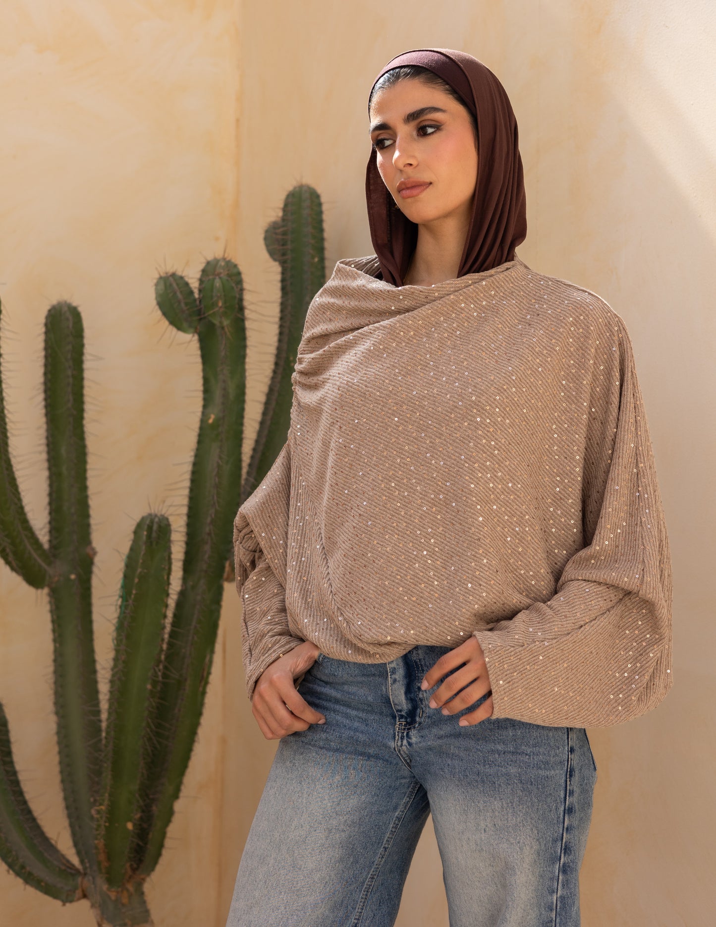 Knitted top with Sequins in latte