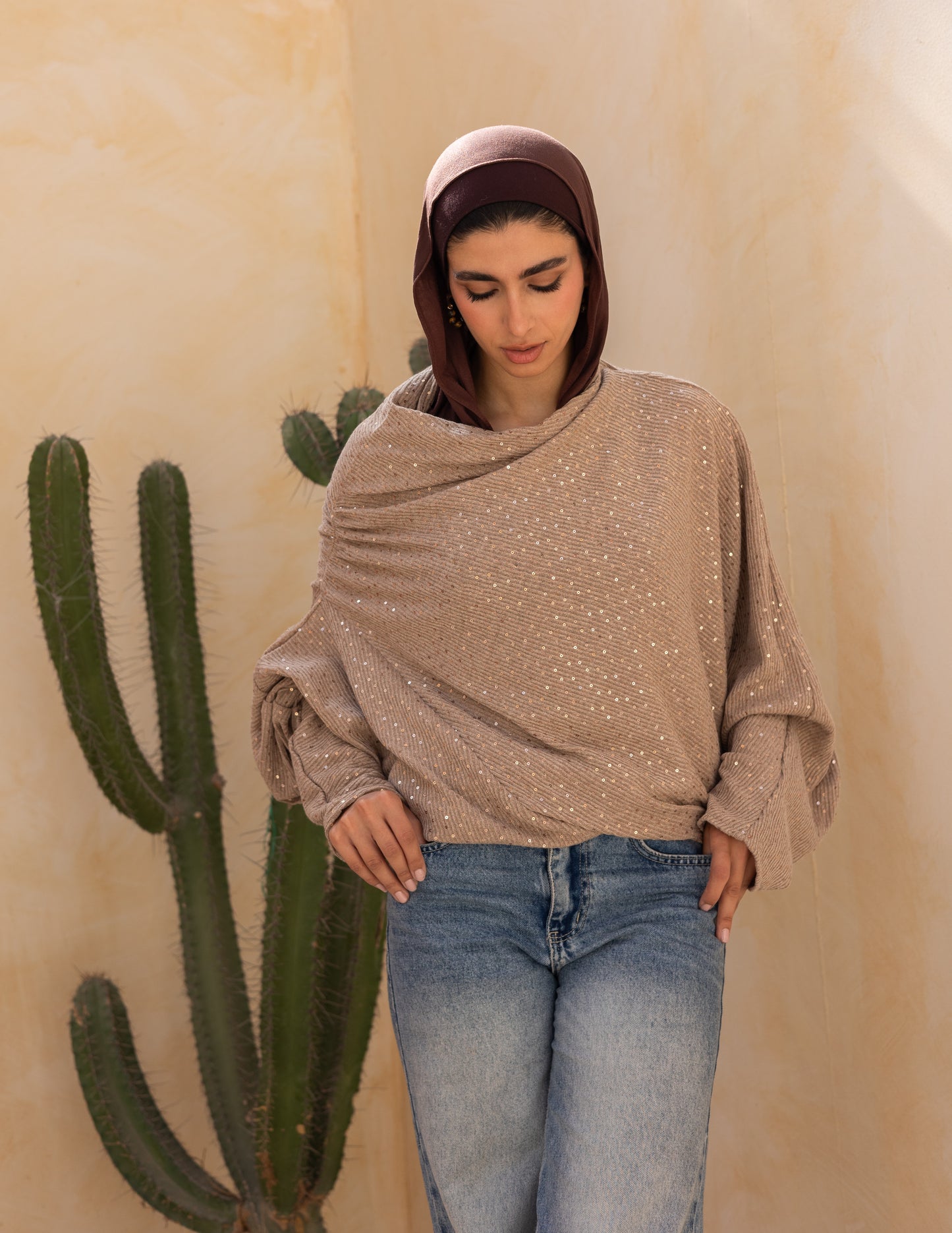 Knitted top with Sequins in latte