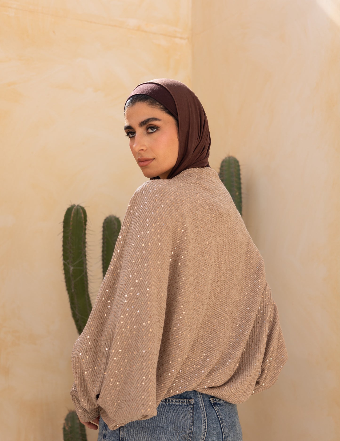 Knitted top with Sequins in latte