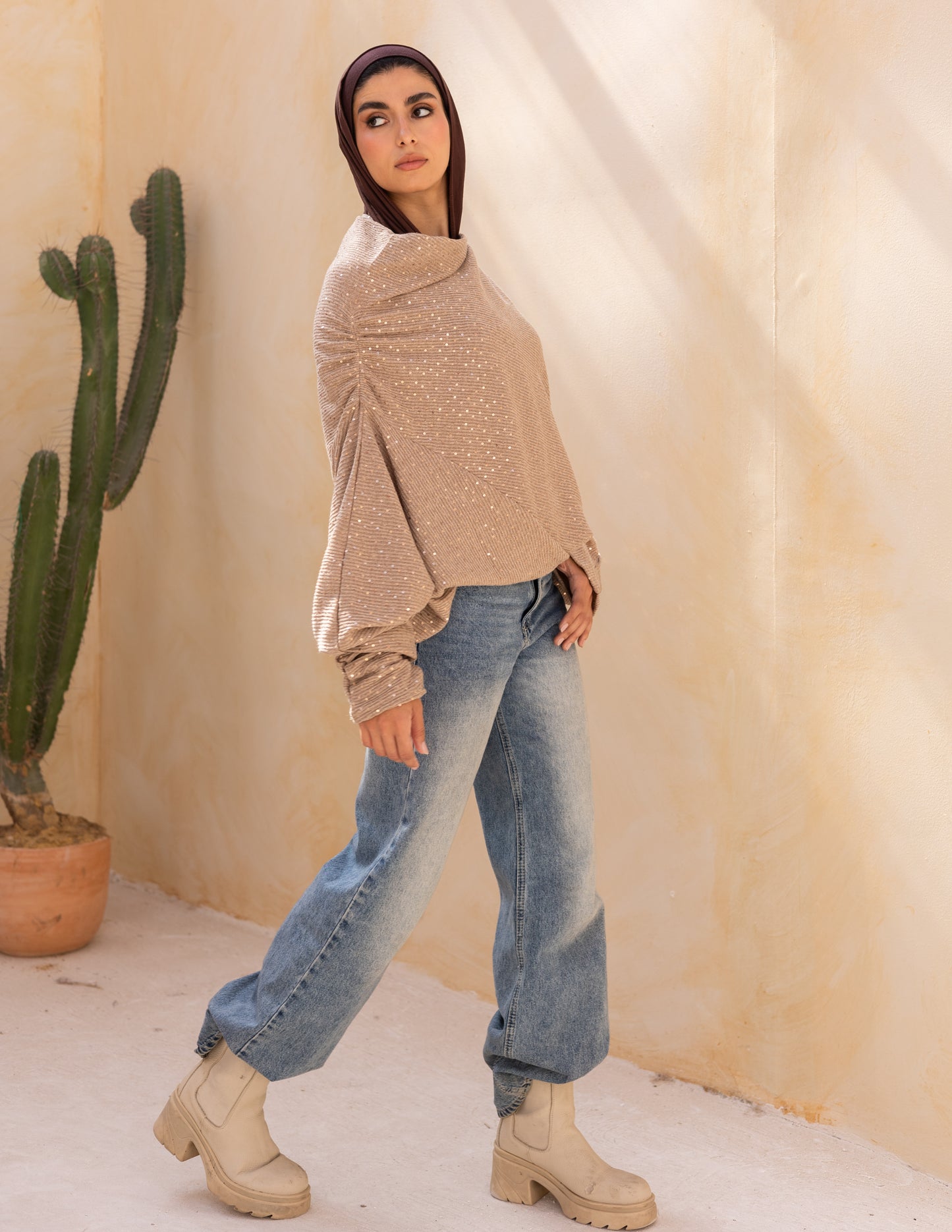 Knitted top with Sequins in latte