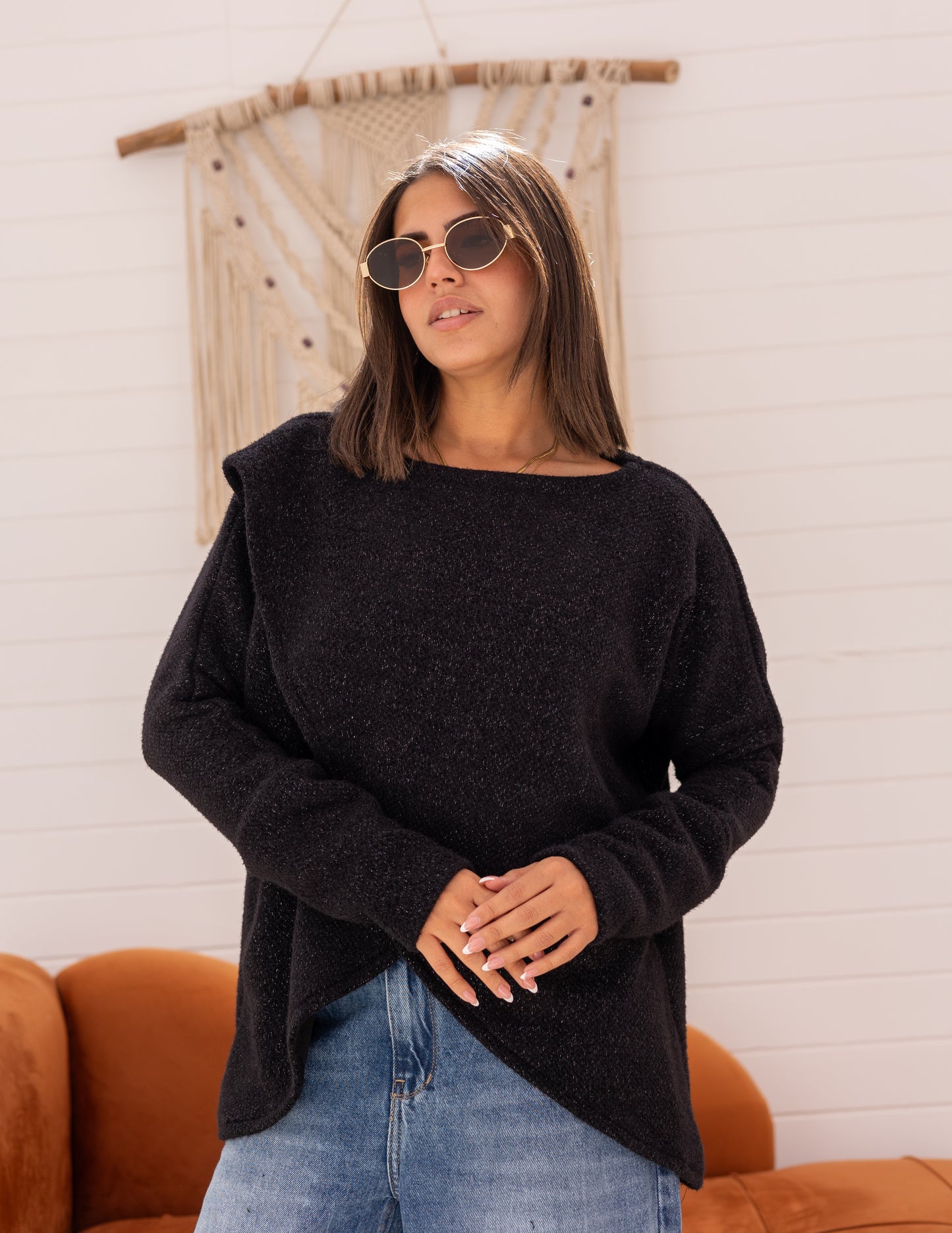 Shimmered knitted cross top in black