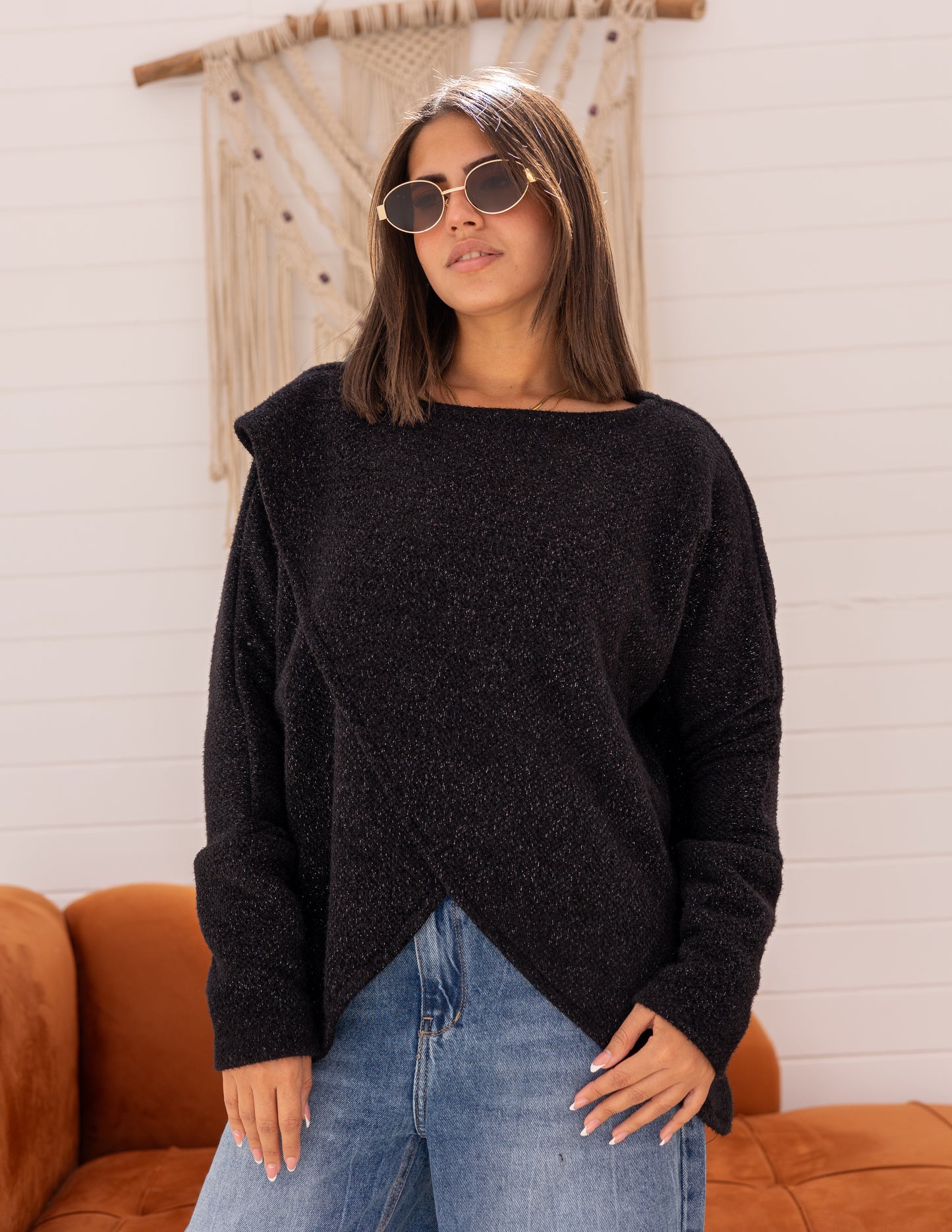 Shimmered knitted cross top in black