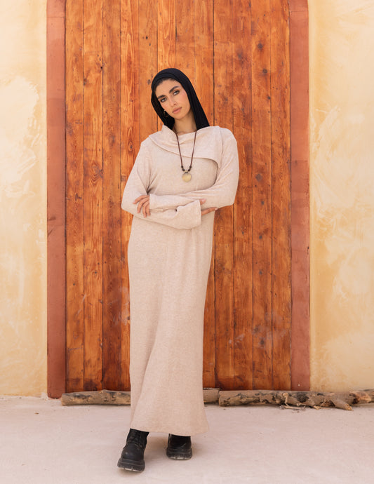 Knitted wide neck dress in cream