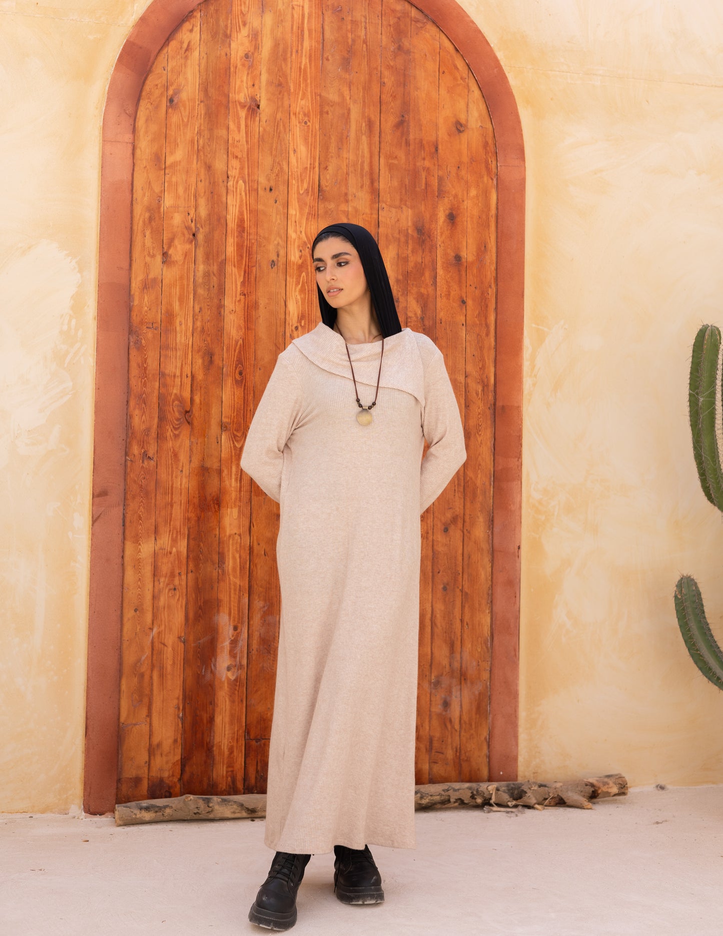Knitted wide neck dress in cream