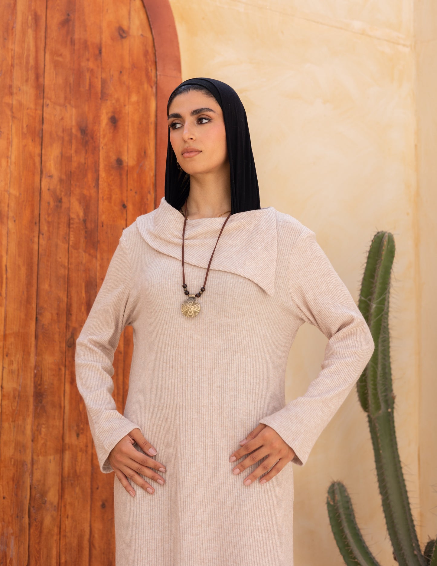 Knitted wide neck dress in cream