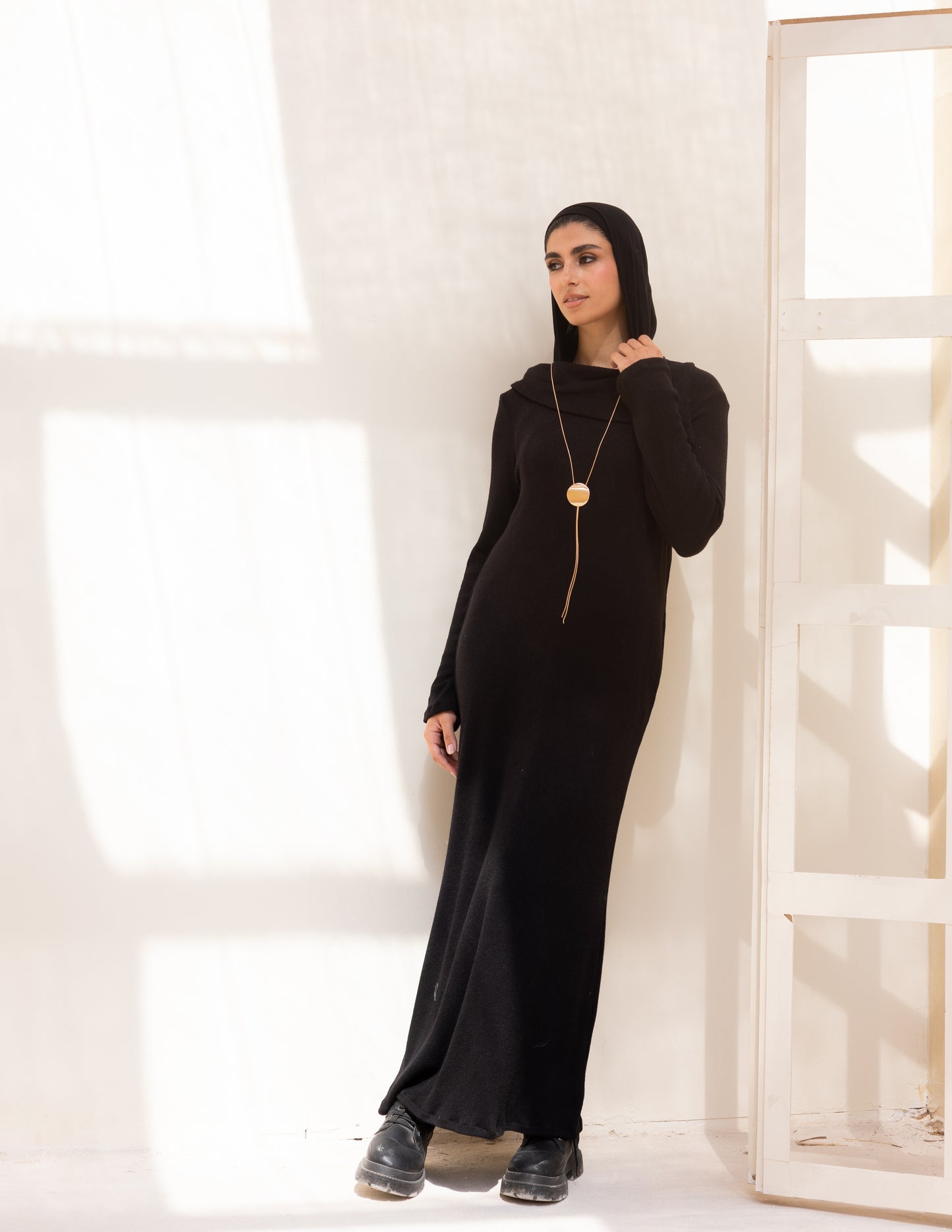 Knitted wide neck dress in black