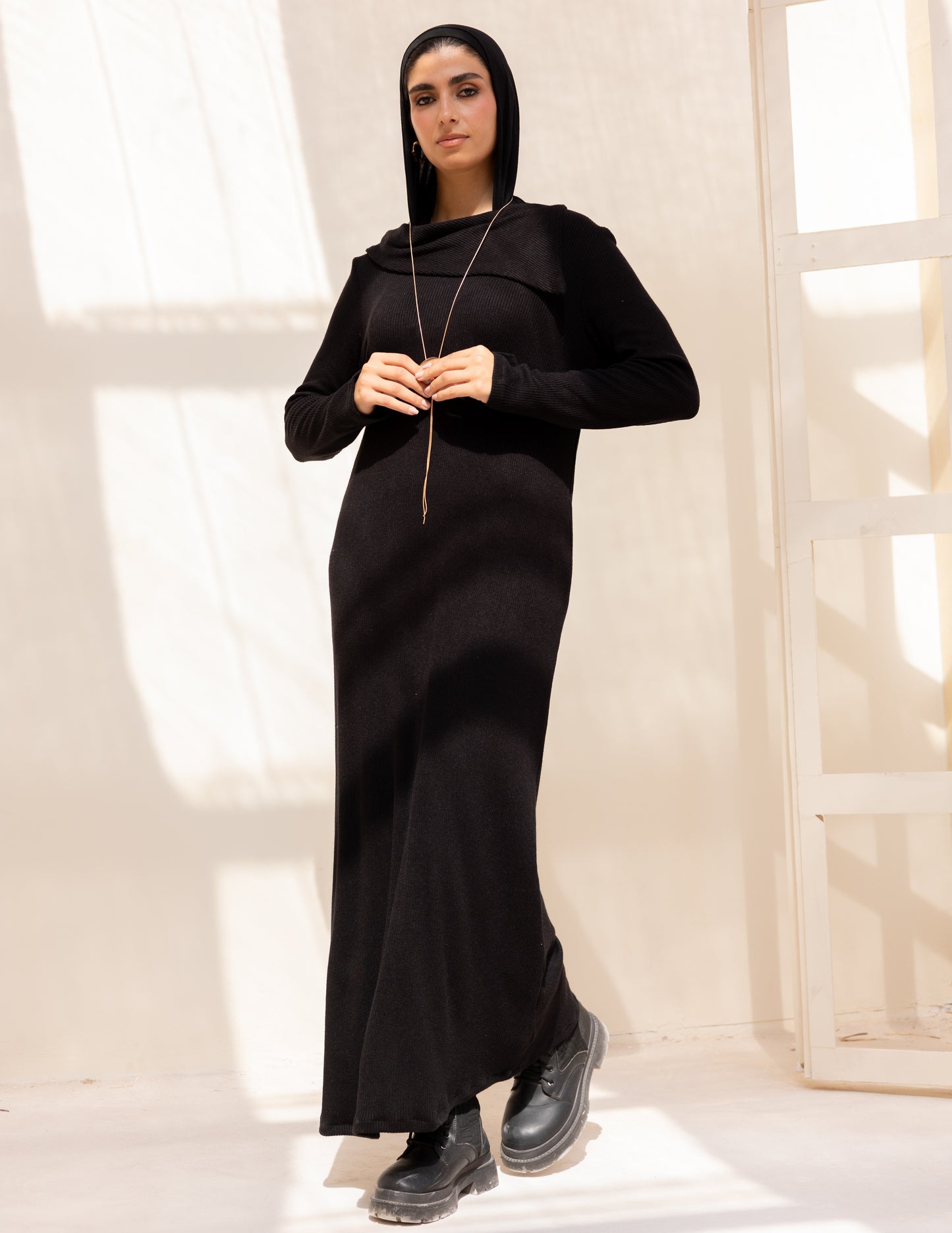 Knitted wide neck dress in black