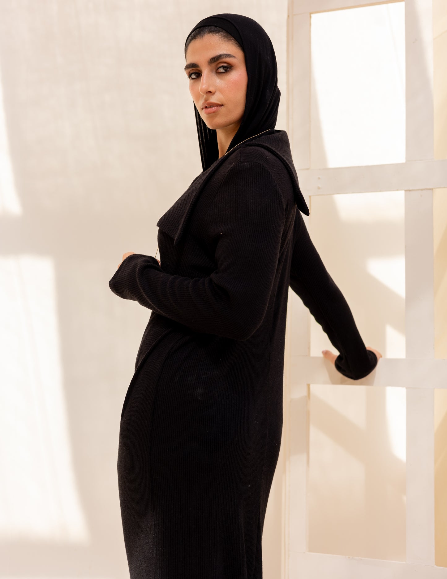 Knitted wide neck dress in black