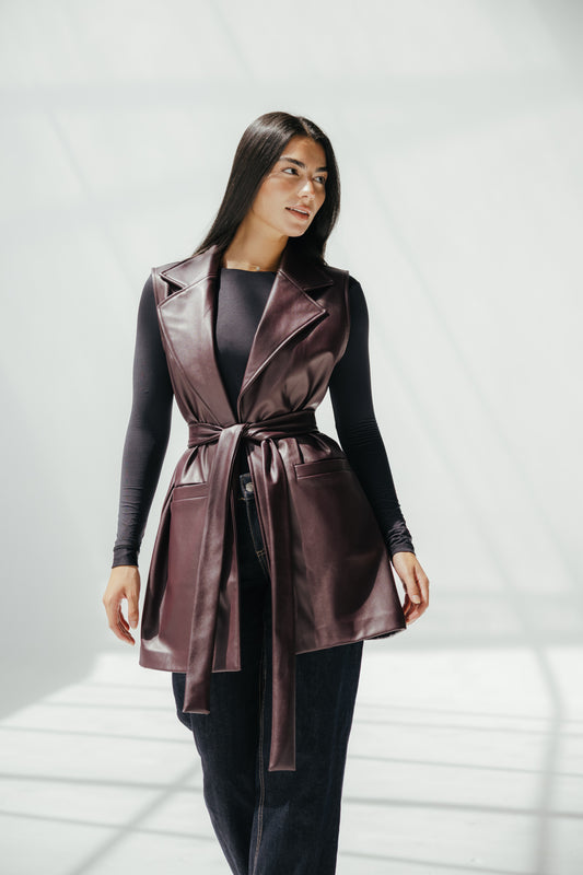 The Icon Leather Vest in burgundy