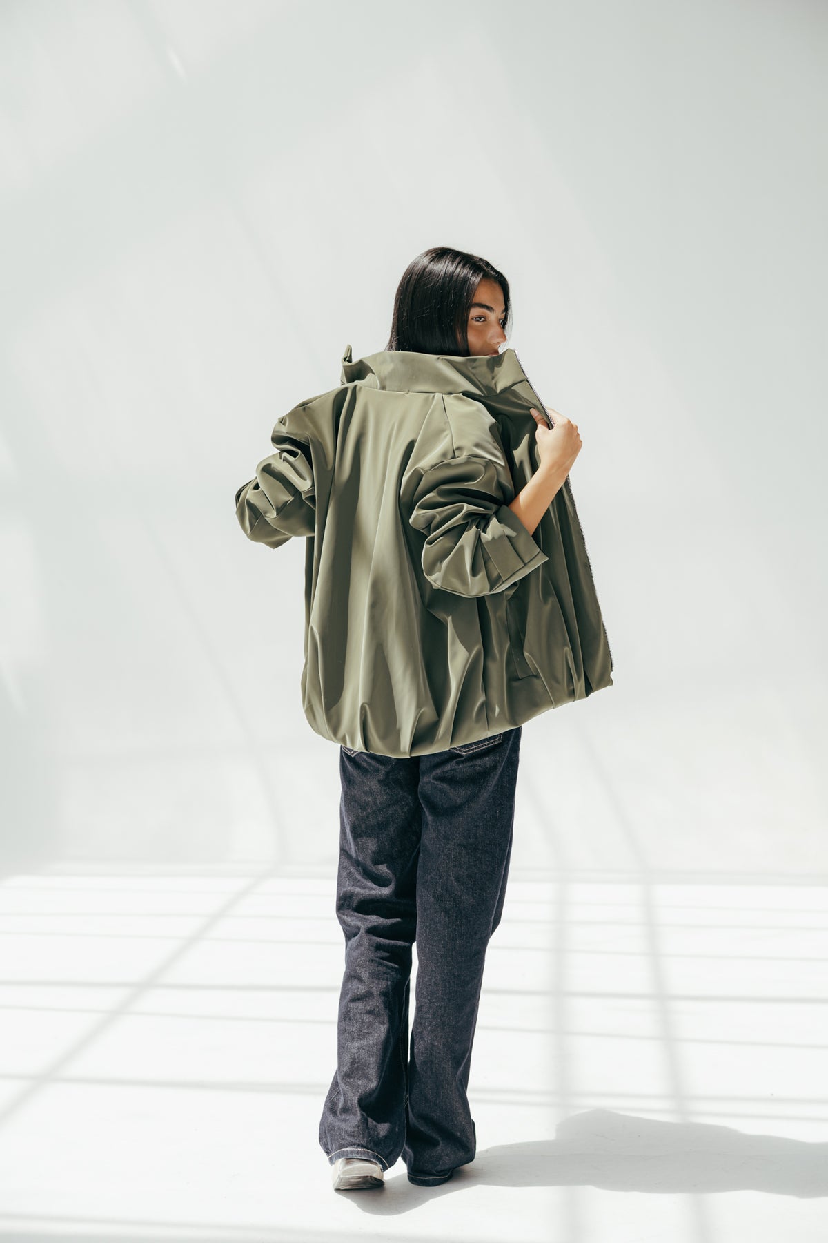 Velvet-touch Puffer Jacket in Olive