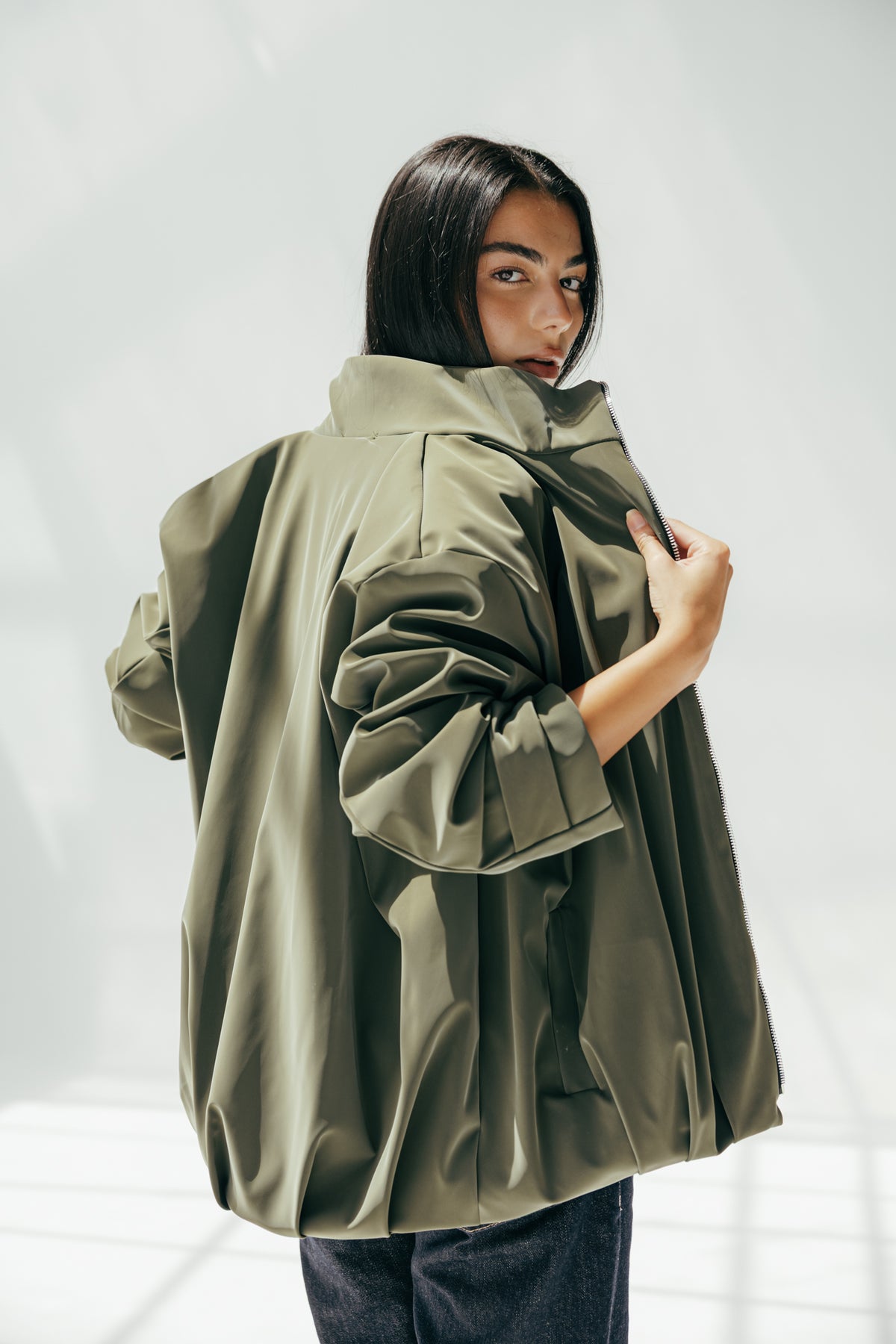 Velvet-touch Puffer Jacket in Olive