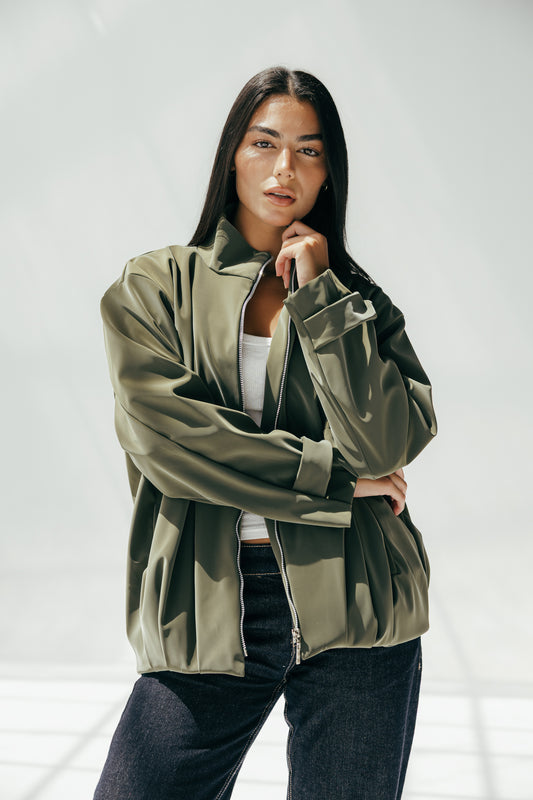 Velvet-touch Puffer Jacket in Olive