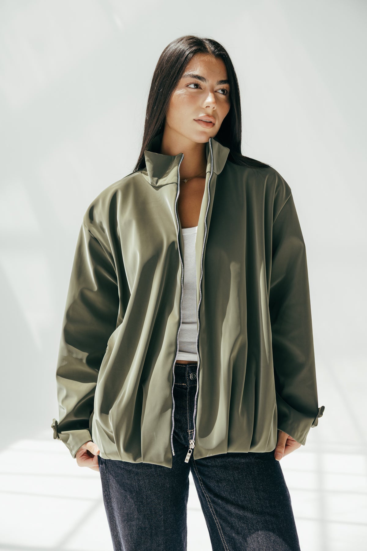 Velvet-touch Puffer Jacket in Olive