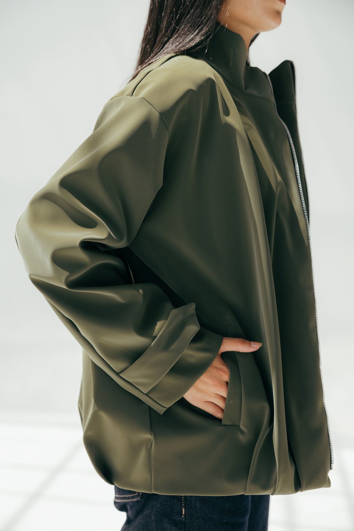 Velvet-touch Puffer Jacket in Olive