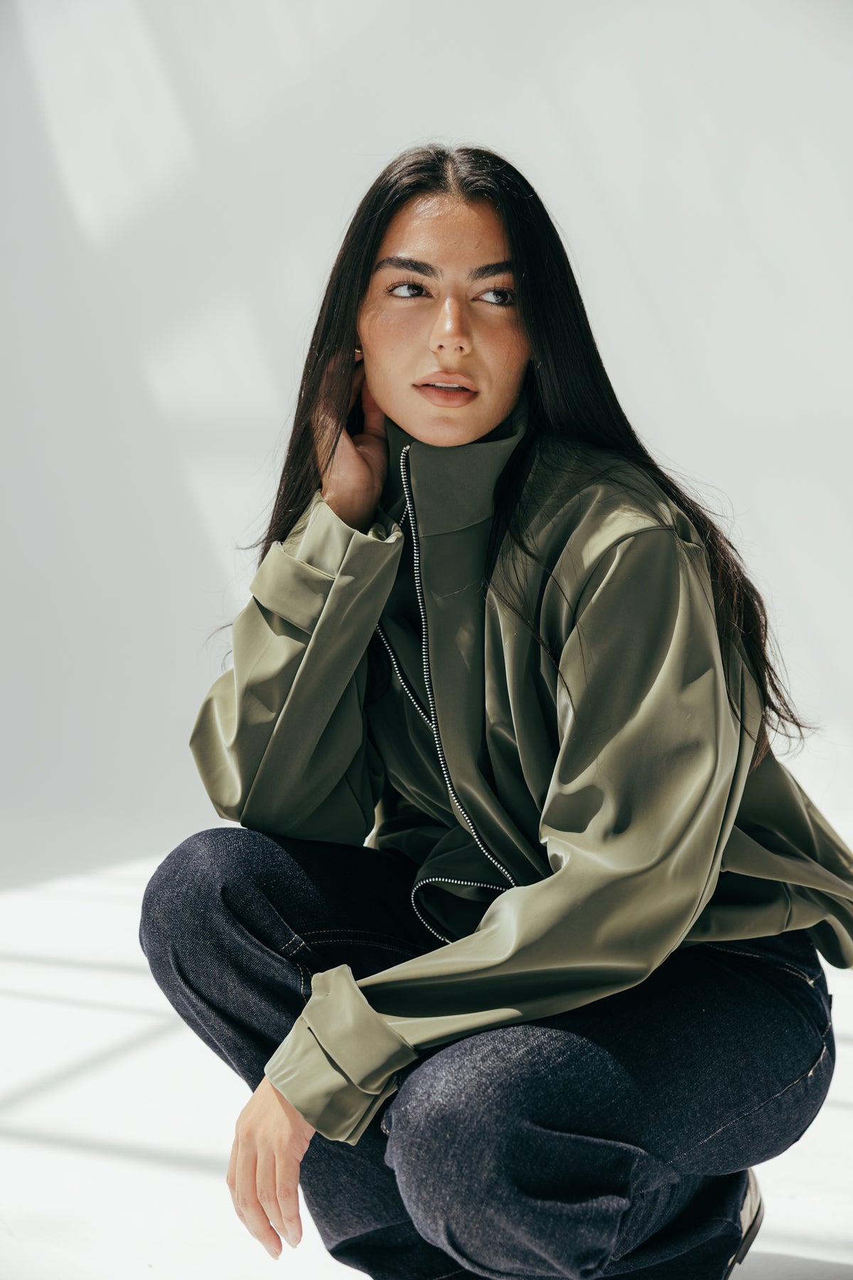 Velvet-touch Puffer Jacket in Olive