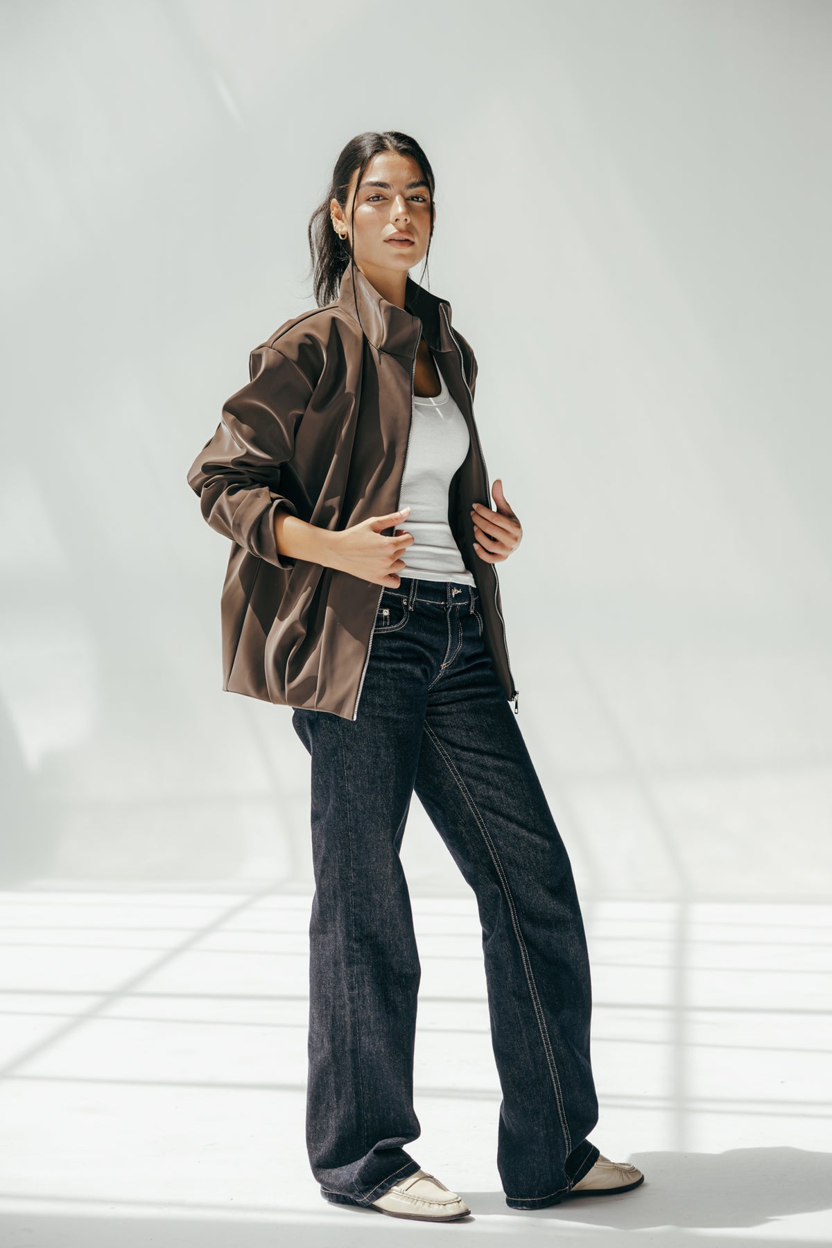 Velvet-Touch Puffer Jacket in Brown
