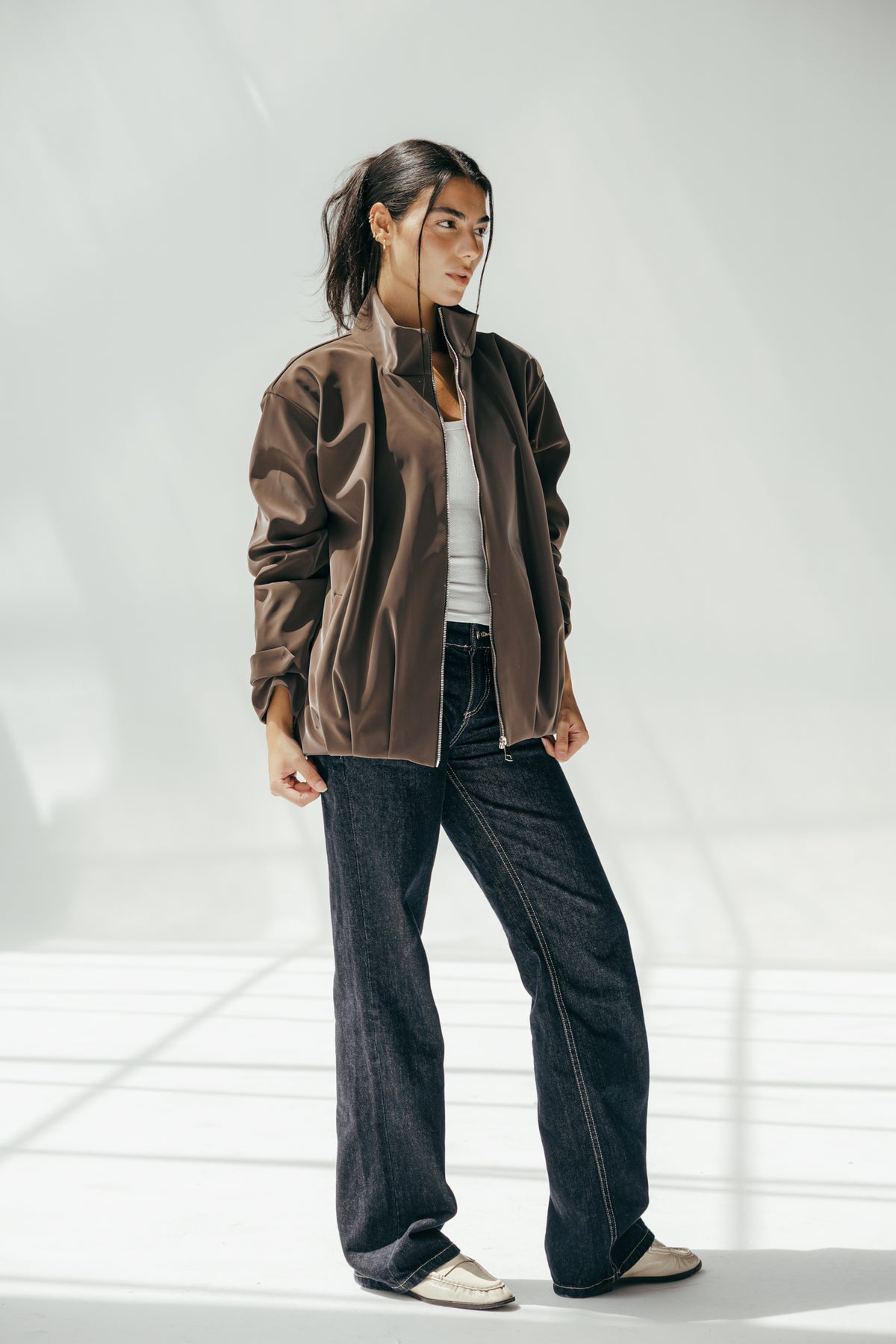 Velvet-Touch Puffer Jacket in Brown