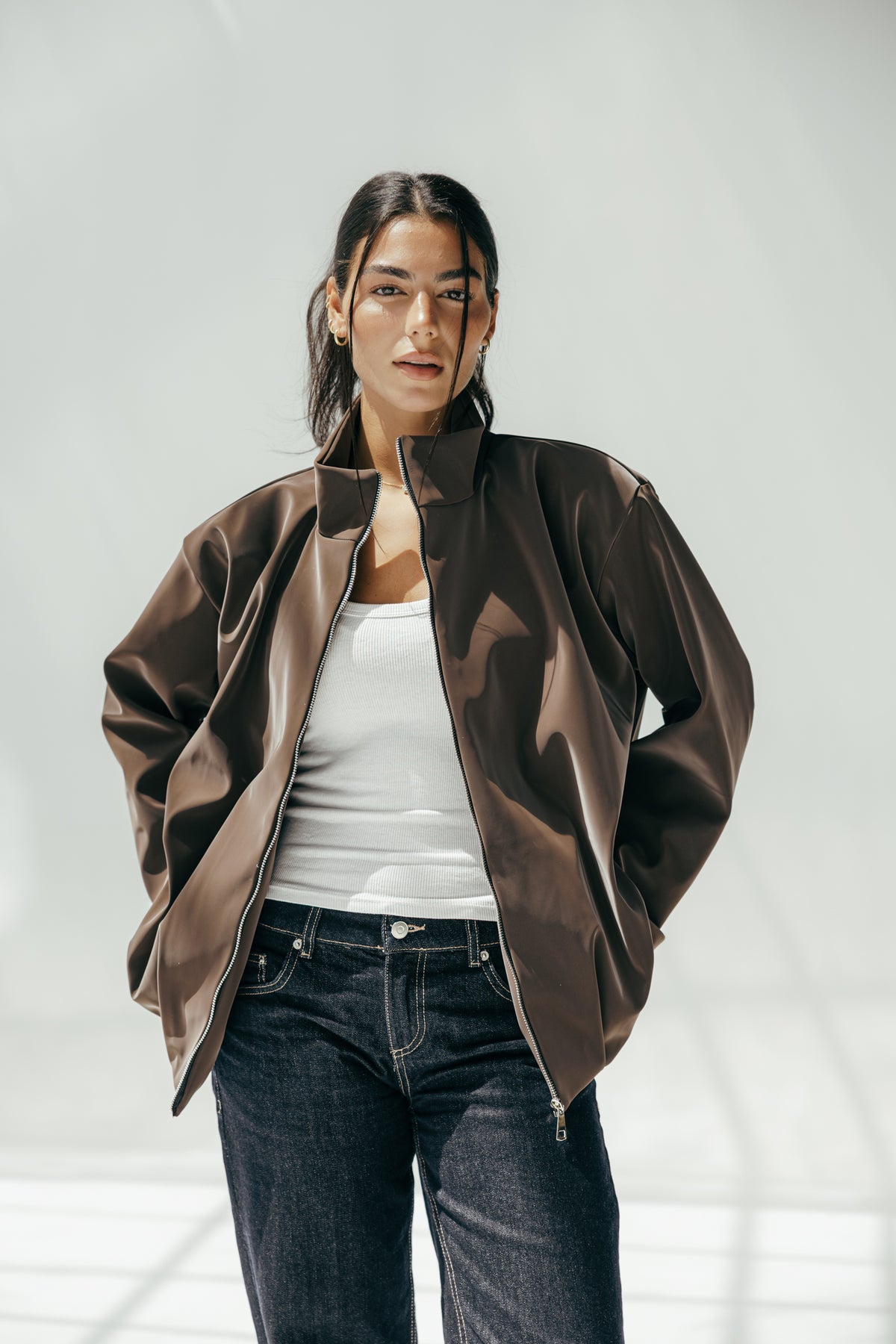 Velvet-Touch Puffer Jacket in Brown