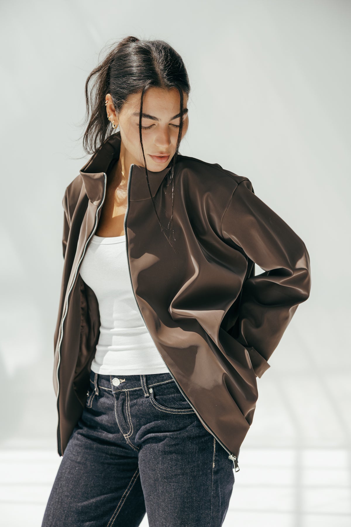 Velvet-Touch Puffer Jacket in Brown