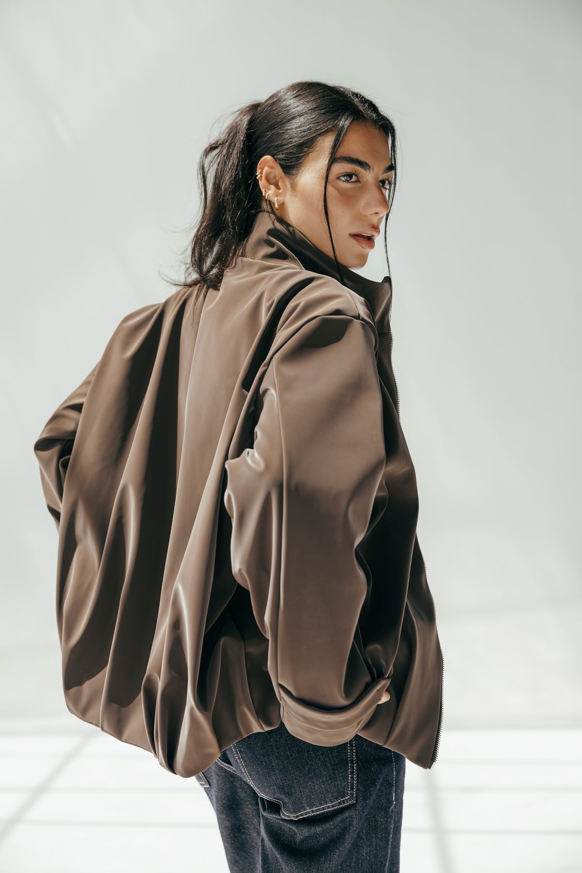 Velvet-Touch Puffer Jacket in Brown