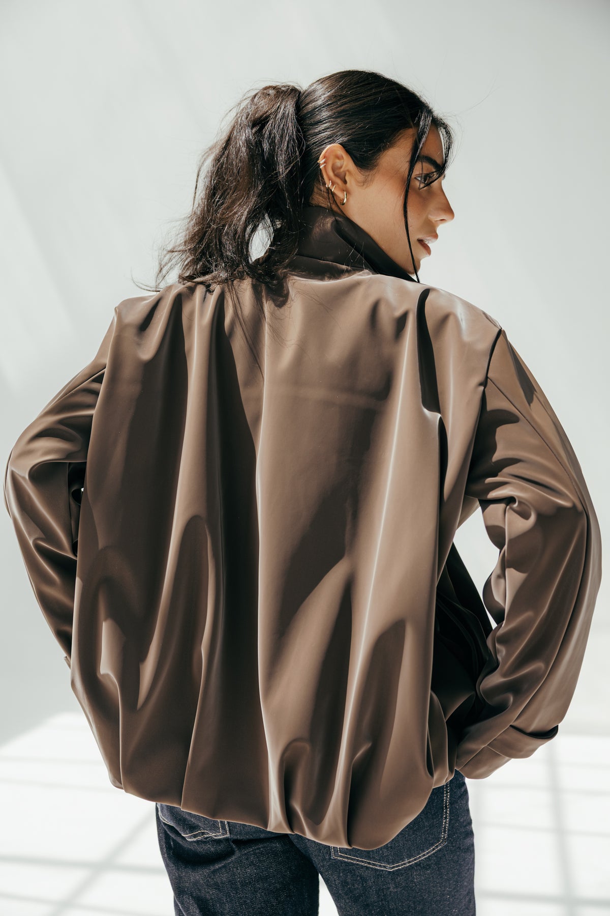 Velvet-Touch Puffer Jacket in Brown